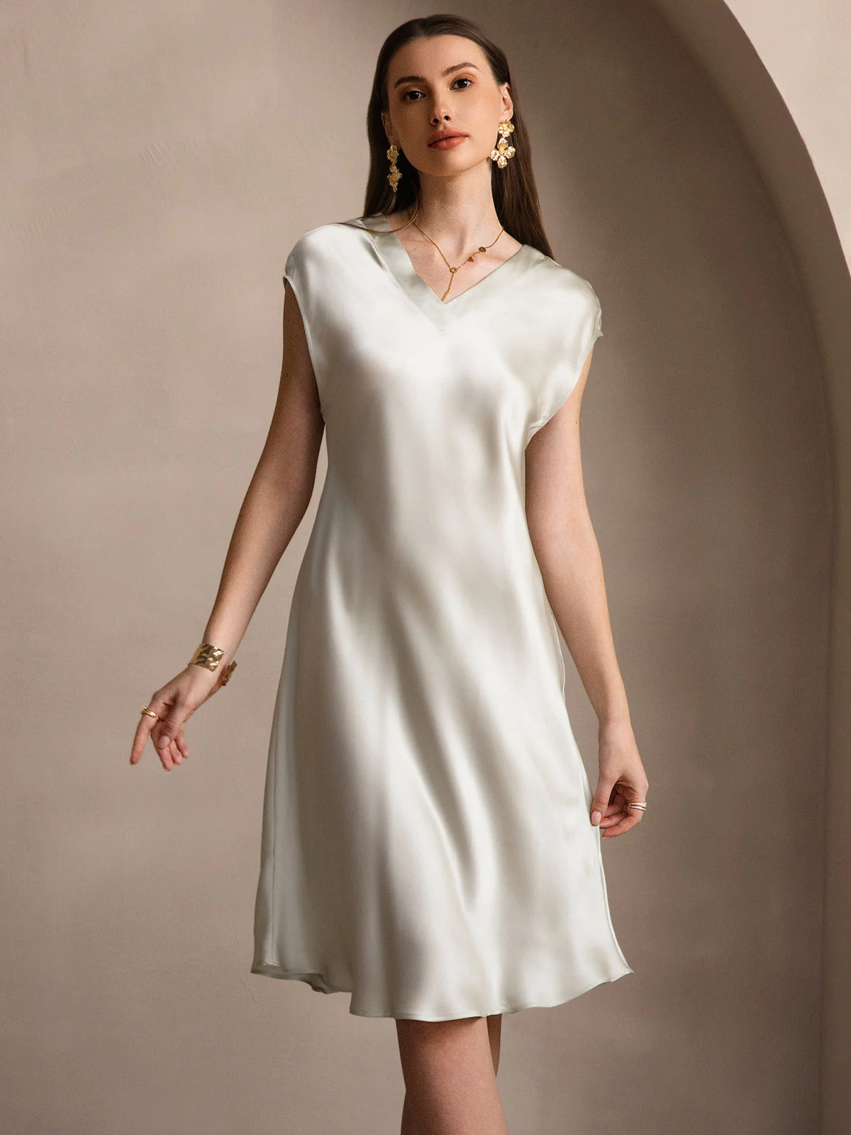 Pure Silk Cap Sleeve V-neck Knee Nightgown - Image 46