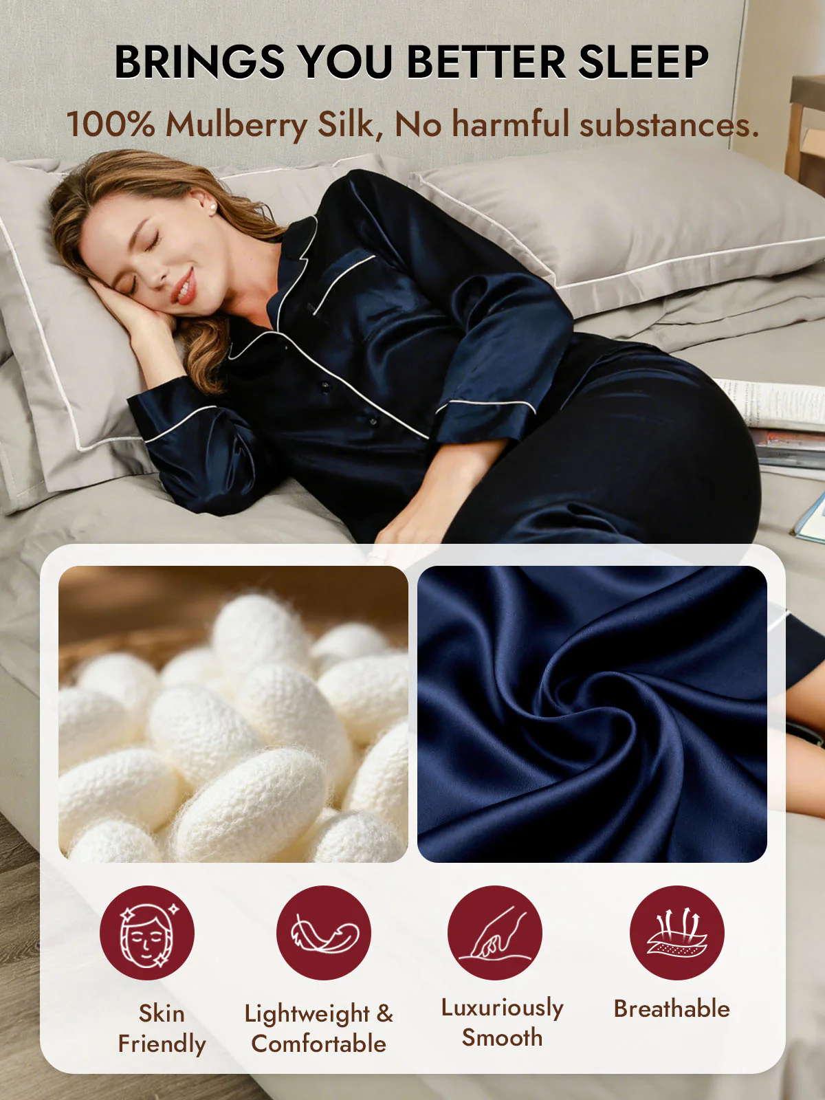 Women's Pure Silk Long Sleeve Button Up Pajamas Set - Image 11