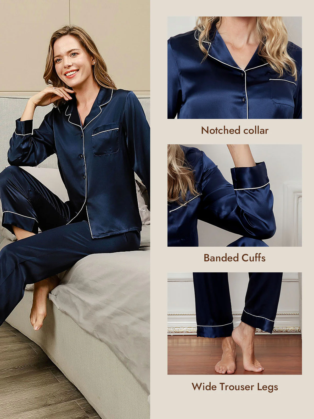 Women's Pure Silk Long Sleeve Button Up Pajamas Set - Image 12