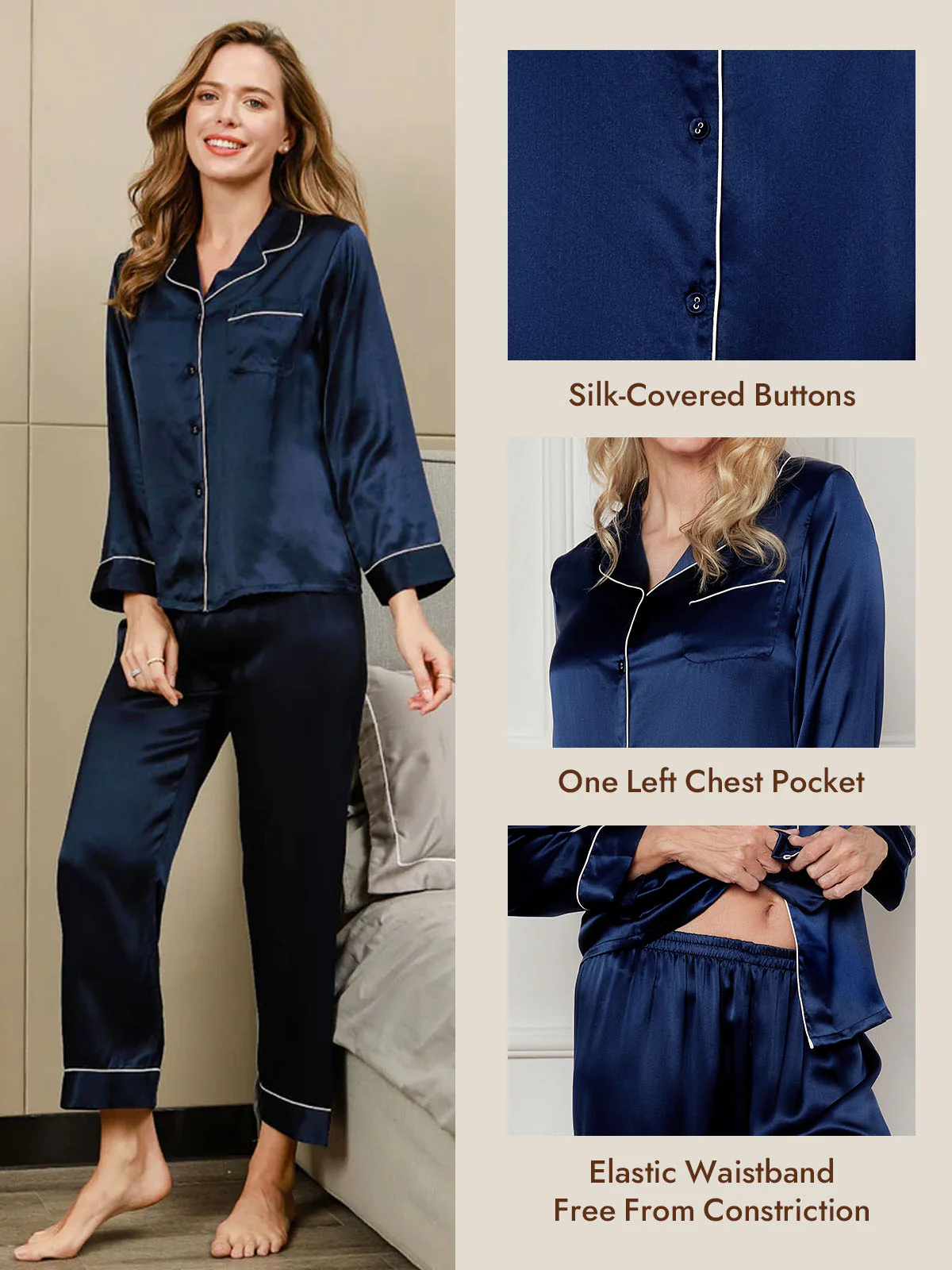 Women's Pure Silk Long Sleeve Button Up Pajamas Set - Image 13