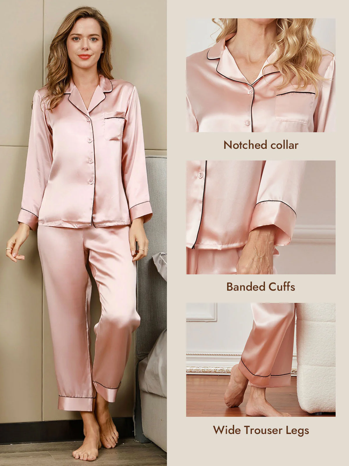 Women's Pure Silk Long Sleeve Button Up Pajamas Set - Image 19