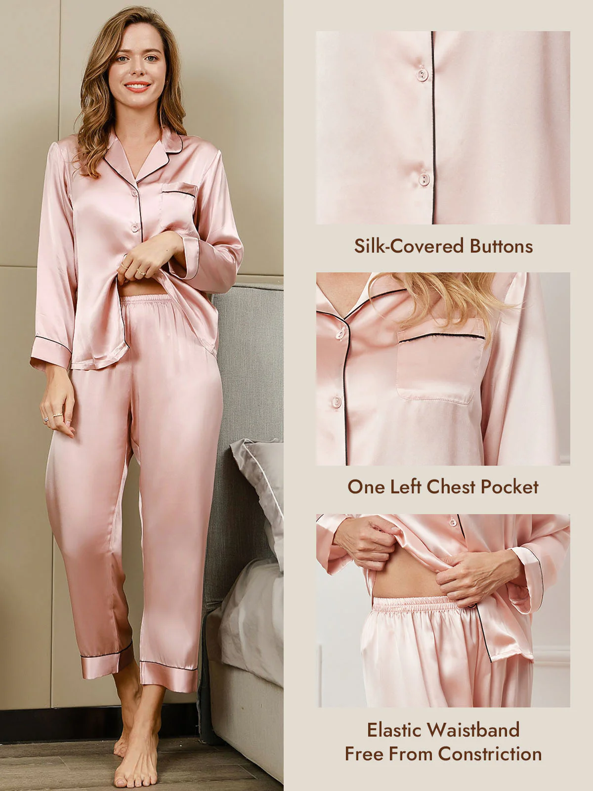Women's Pure Silk Long Sleeve Button Up Pajamas Set - Image 20