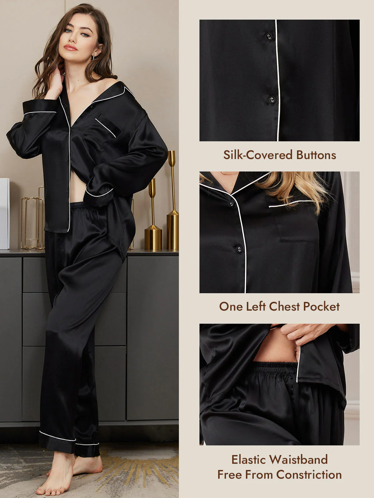 Women's Pure Silk Long Sleeve Button Up Pajamas Set - Image 27