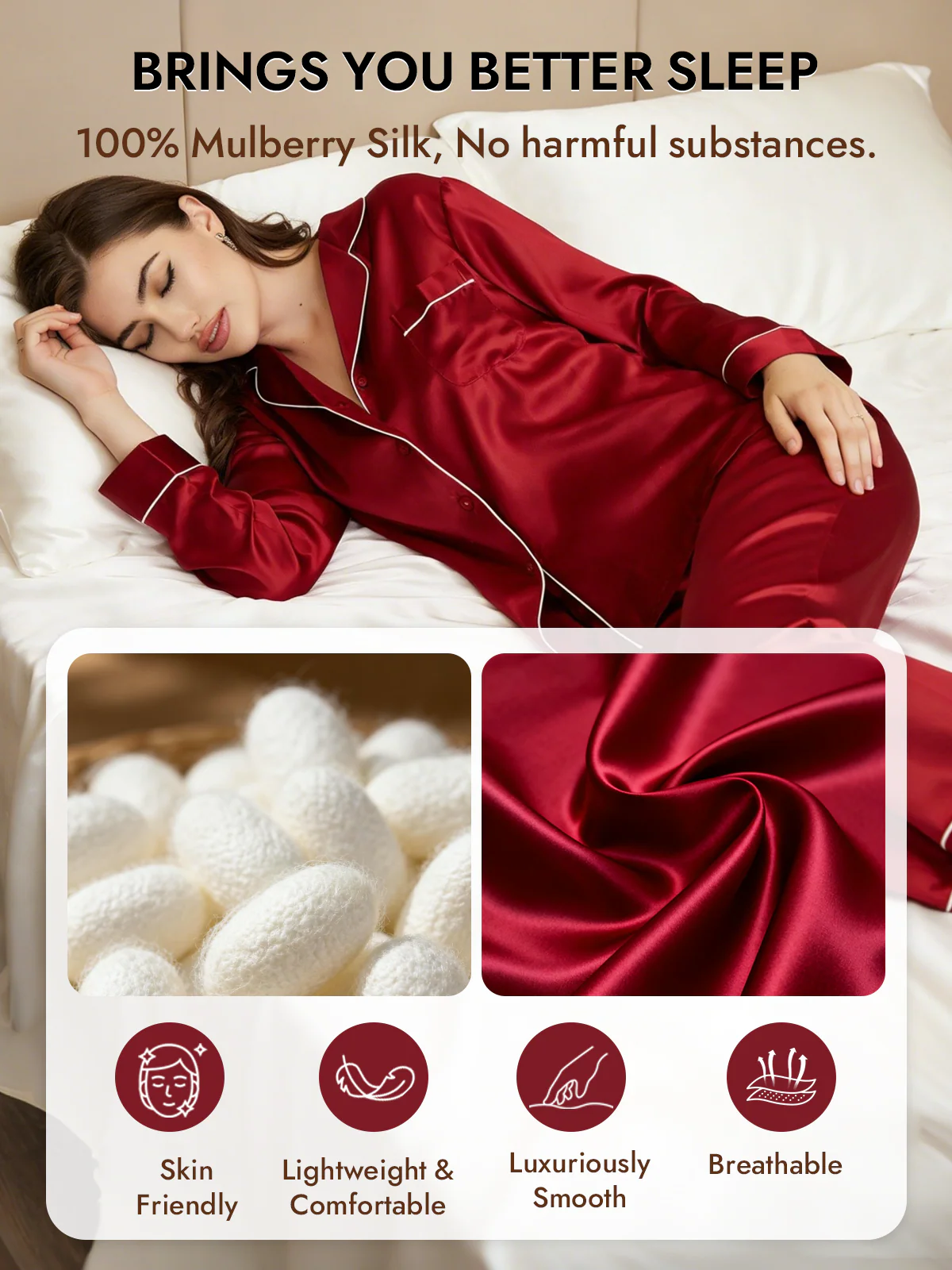 Women's Pure Silk Long Sleeve Button Up Pajamas Set - Image 3