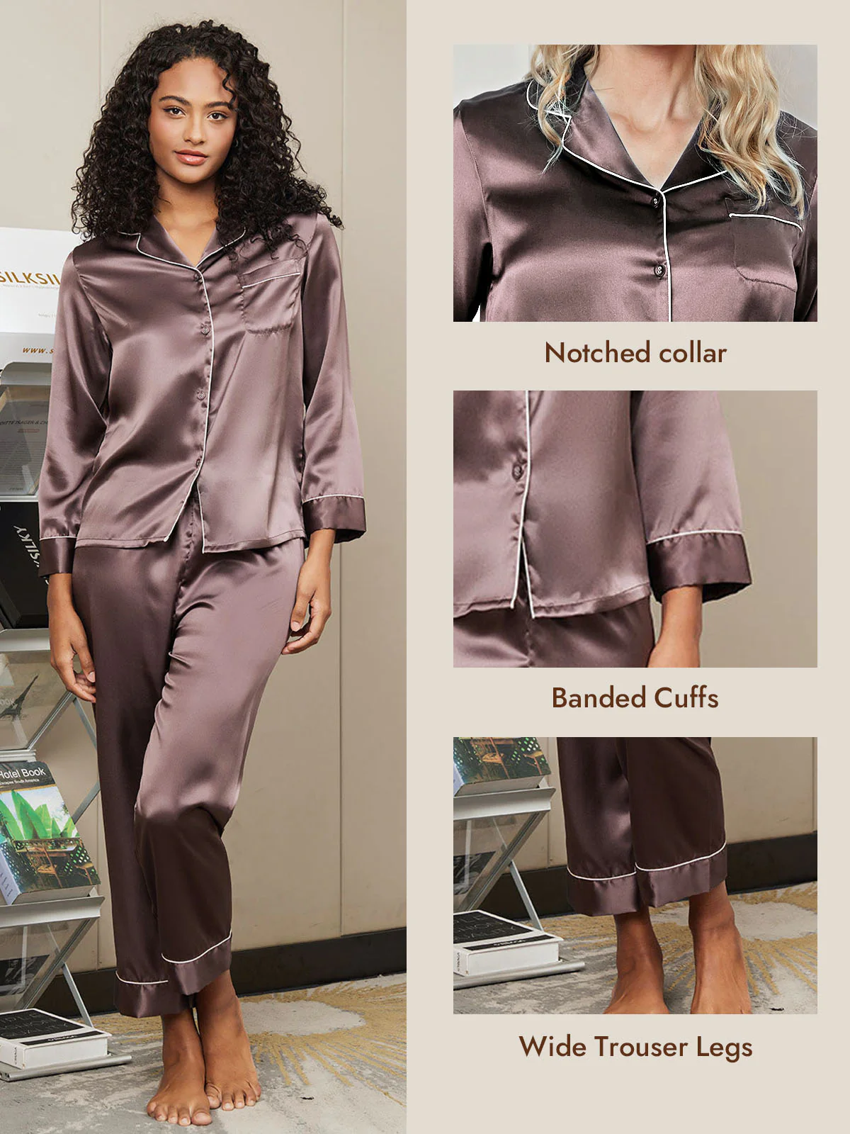 Women's Pure Silk Long Sleeve Button Up Pajamas Set - Image 33
