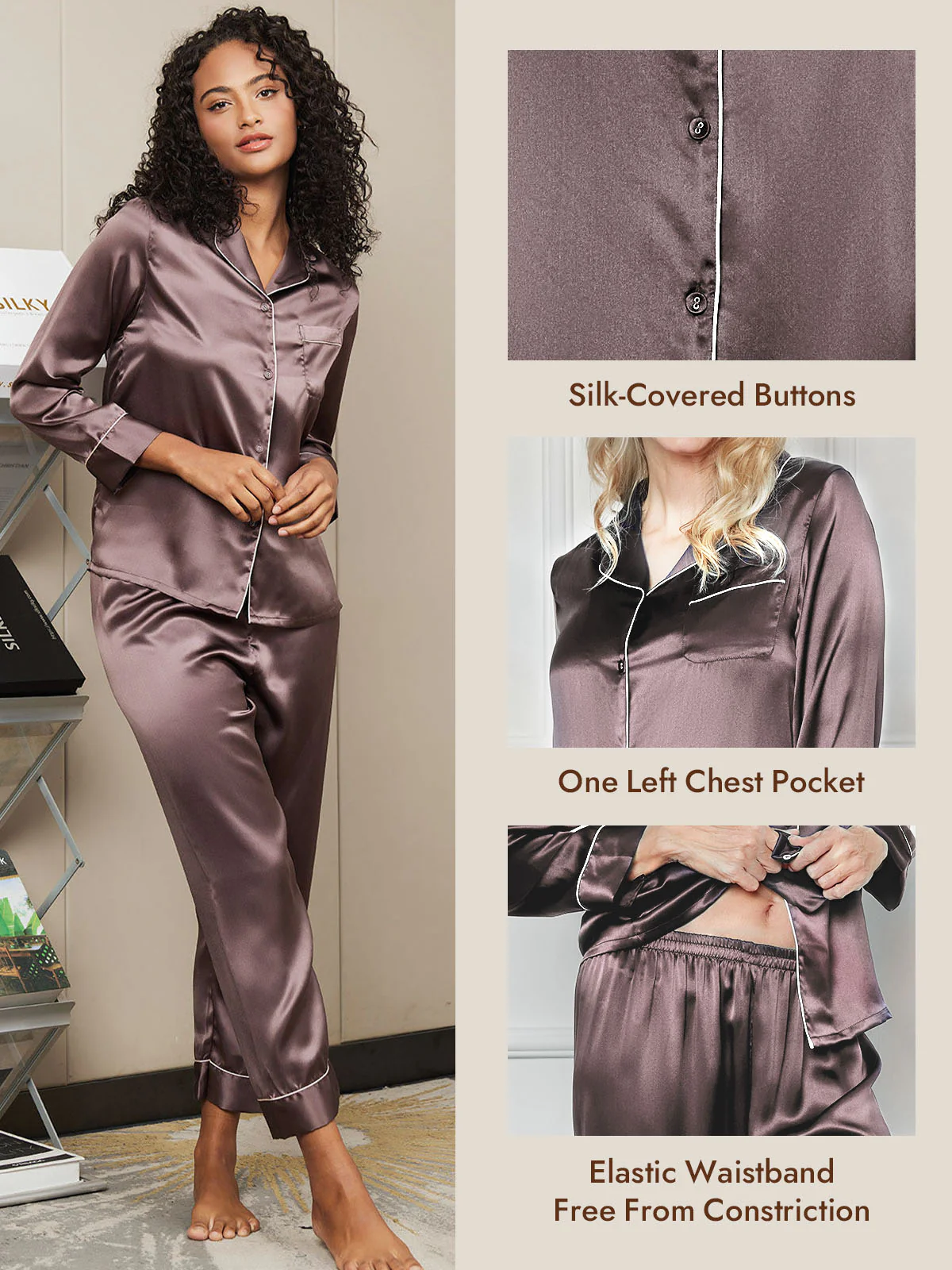 Women's Pure Silk Long Sleeve Button Up Pajamas Set - Image 34