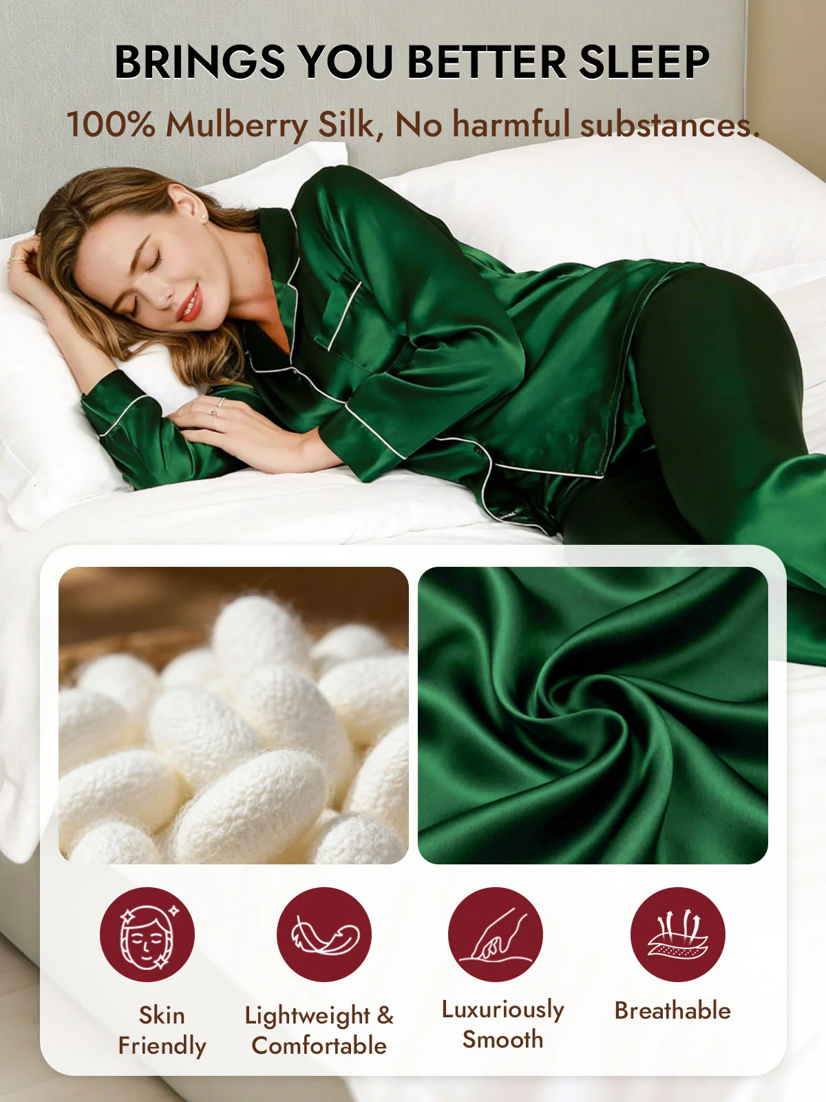 Women's Pure Silk Long Sleeve Button Up Pajamas Set - Image 39