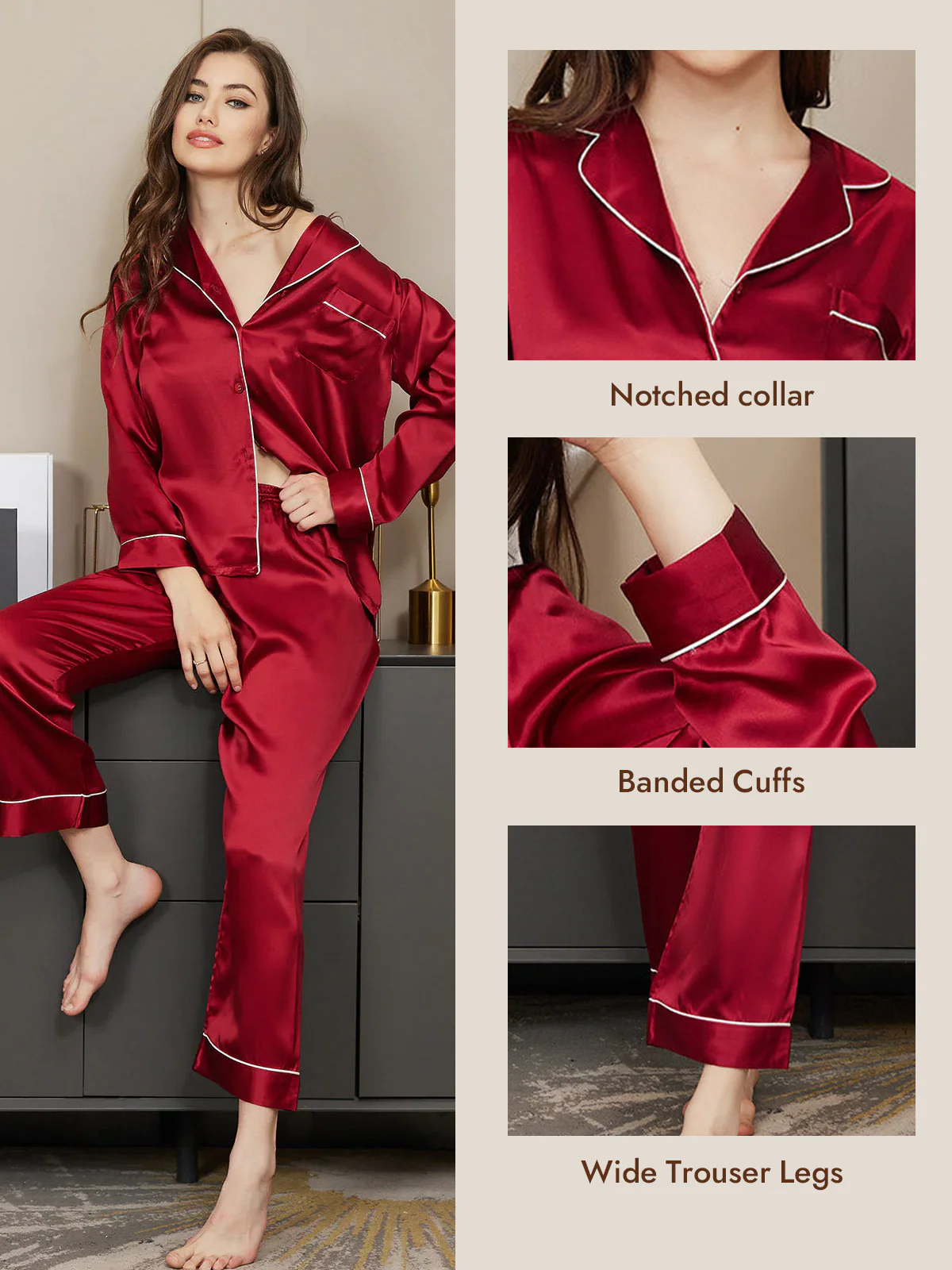 Women's Pure Silk Long Sleeve Button Up Pajamas Set - Image 4