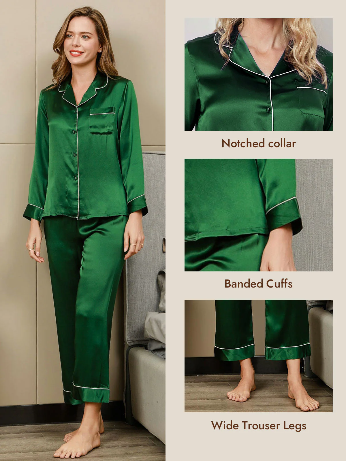 Women's Pure Silk Long Sleeve Button Up Pajamas Set - Image 40