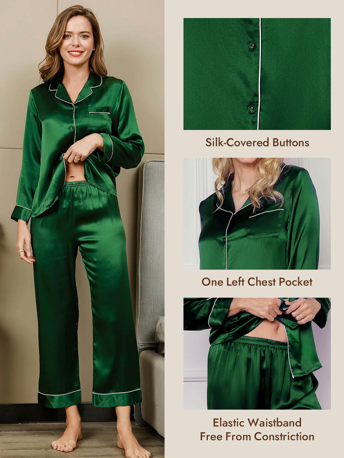 Women's Pure Silk Long Sleeve Button Up Pajamas Set - Image 41
