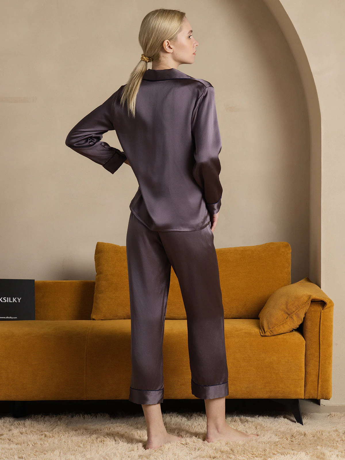 Women's Pure Silk Long Sleeve Button Up Pajamas Set - Image 45