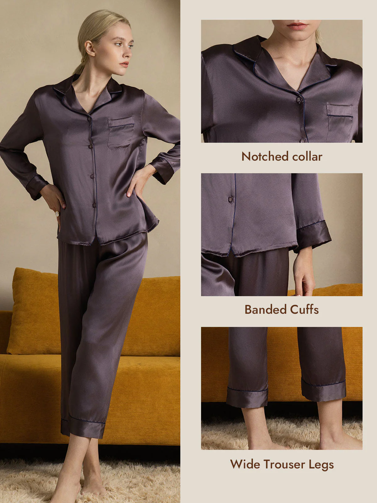 Women's Pure Silk Long Sleeve Button Up Pajamas Set - Image 47