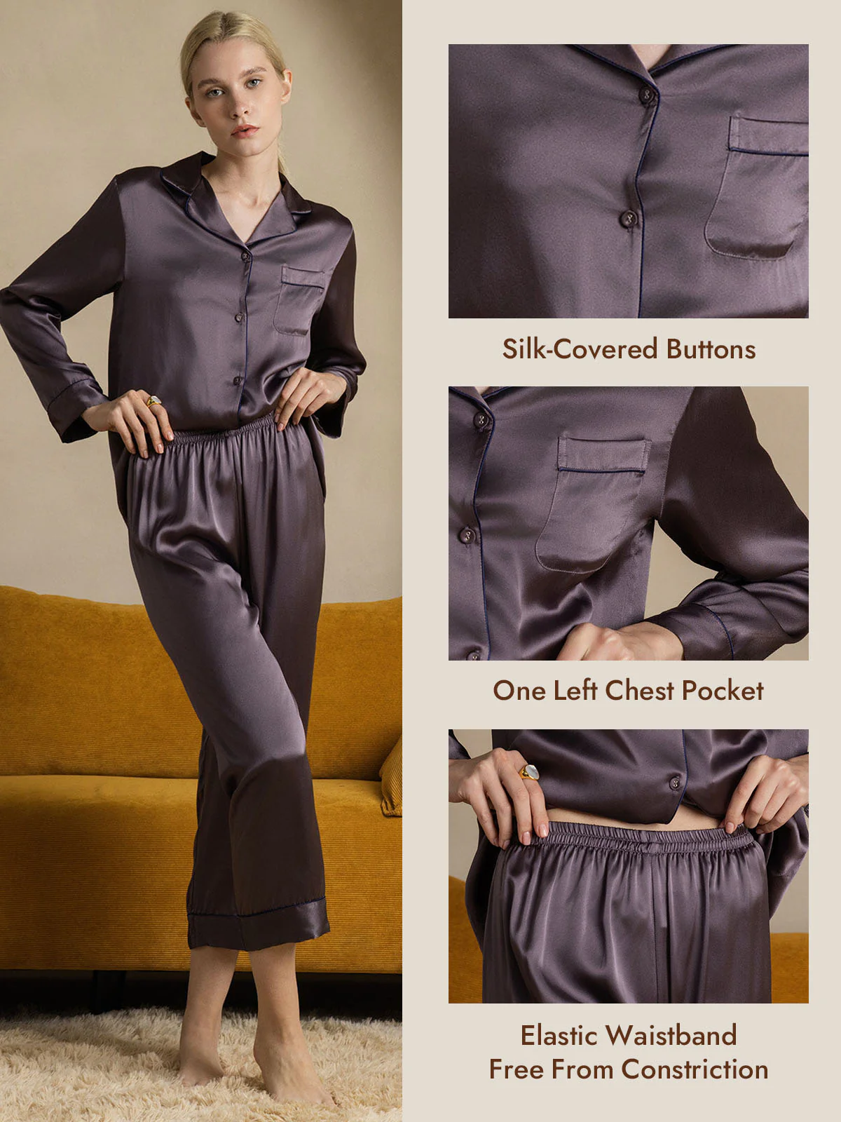Women's Pure Silk Long Sleeve Button Up Pajamas Set - Image 48