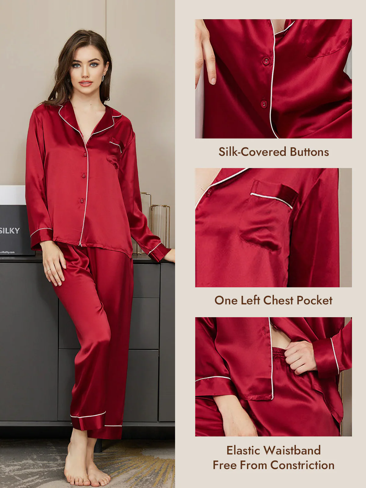 Women's Pure Silk Long Sleeve Button Up Pajamas Set - Image 5