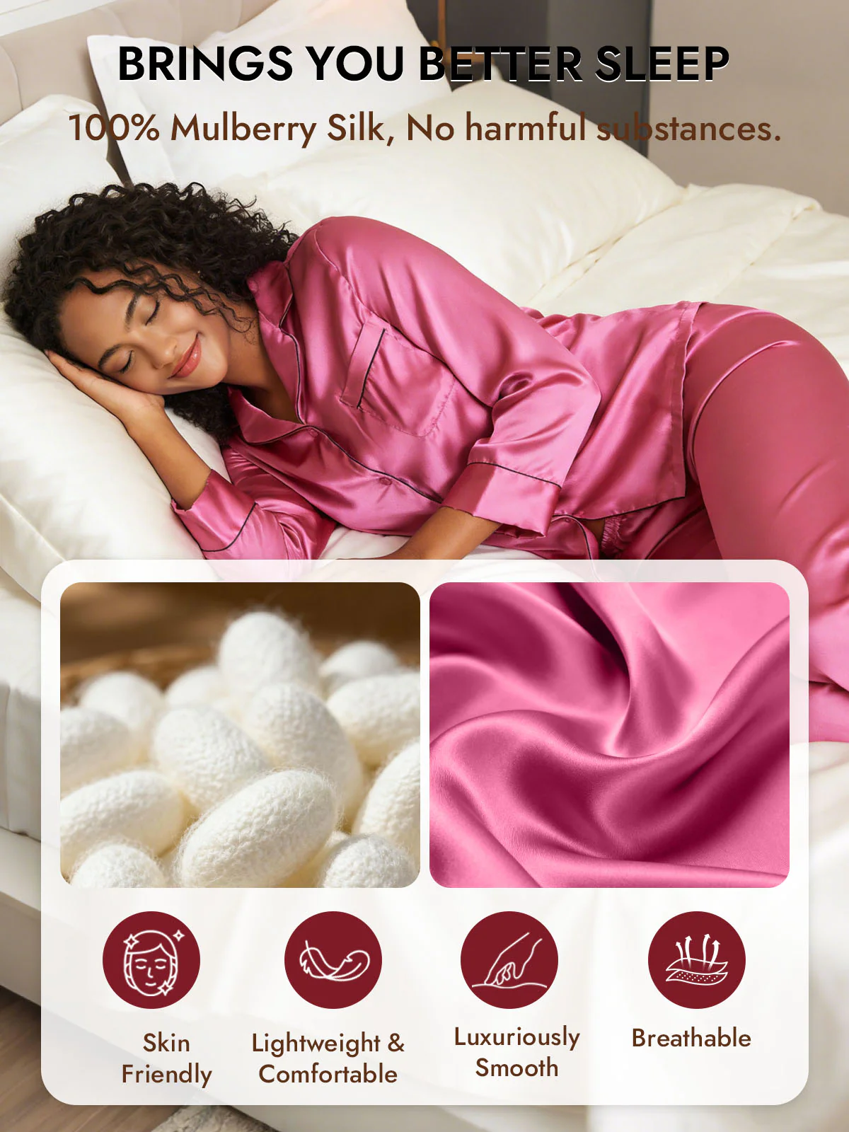 Women's Pure Silk Long Sleeve Button Up Pajamas Set - Image 53