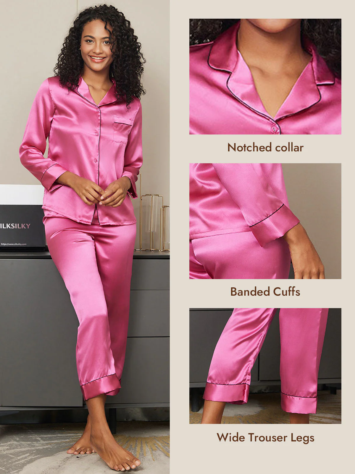 Women's Pure Silk Long Sleeve Button Up Pajamas Set - Image 54