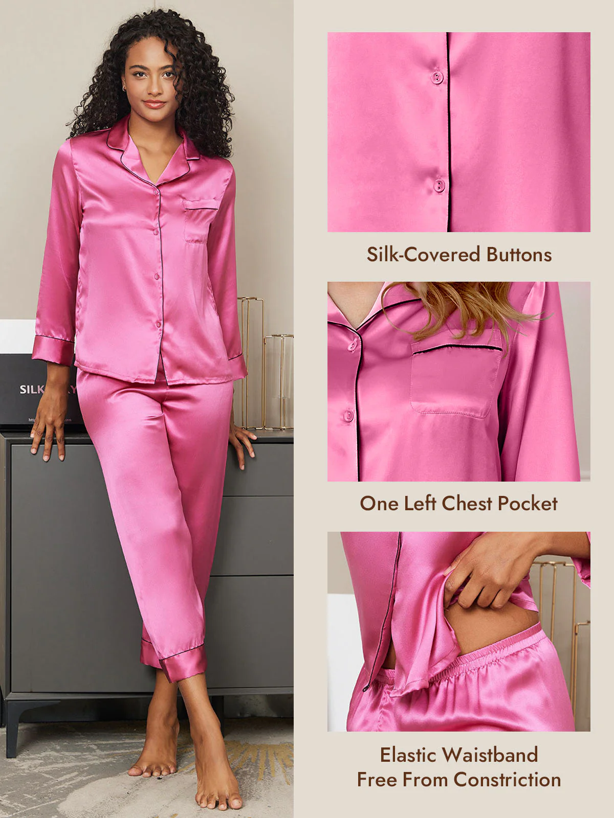 Women's Pure Silk Long Sleeve Button Up Pajamas Set - Image 55