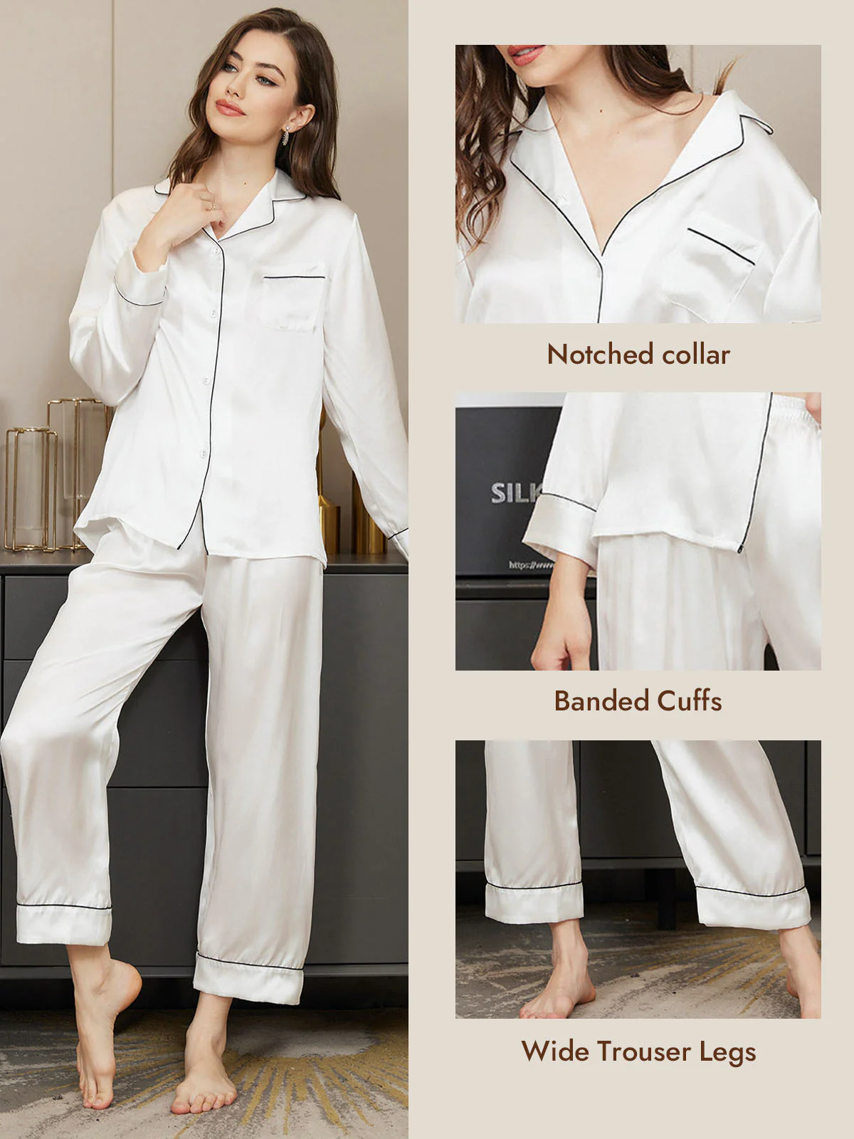 Women's Pure Silk Long Sleeve Button Up Pajamas Set - Image 61