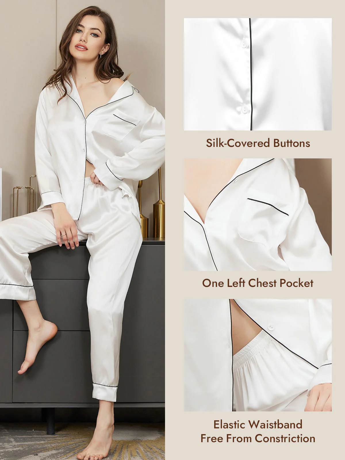 Women's Pure Silk Long Sleeve Button Up Pajamas Set - Image 62