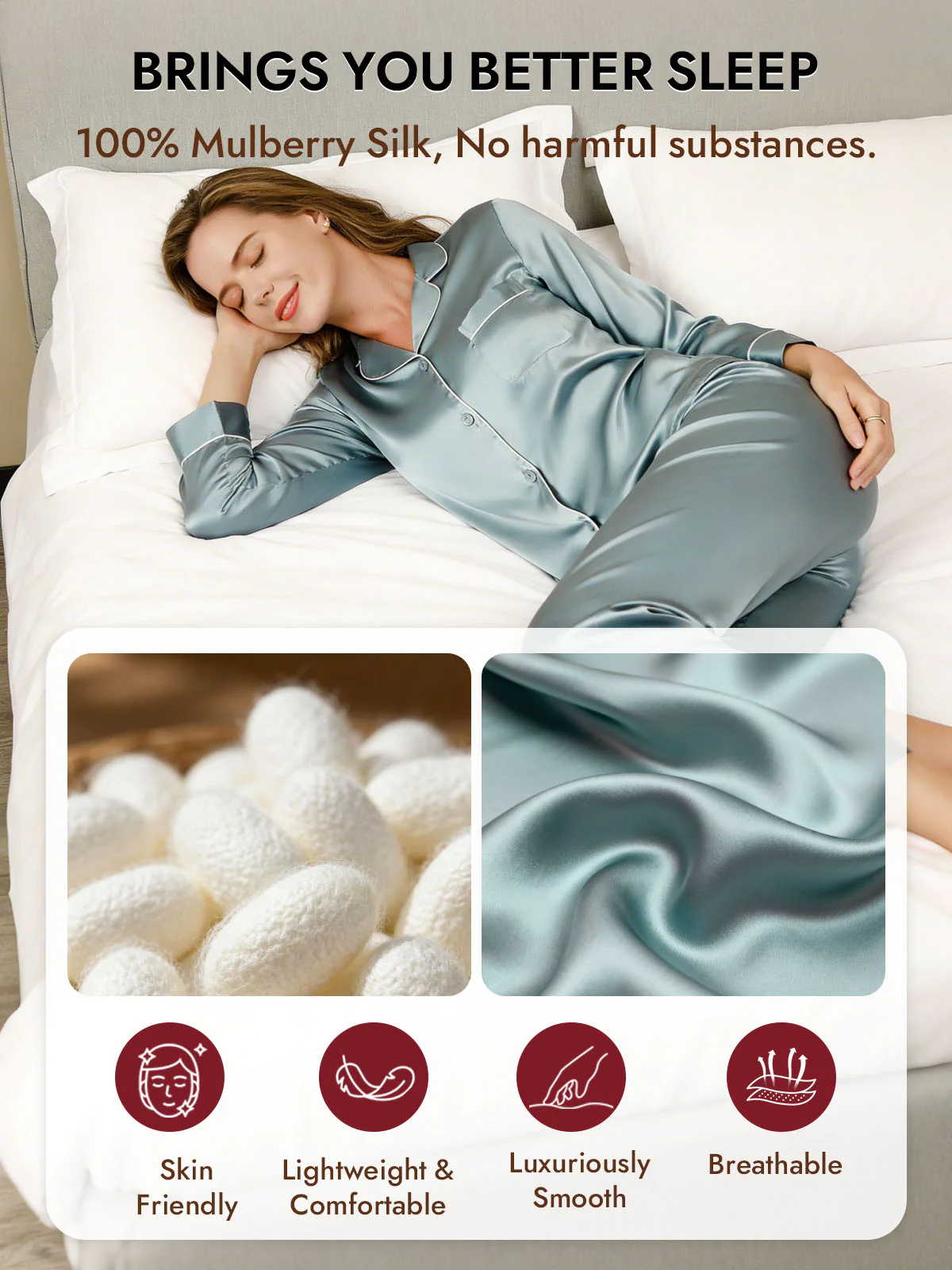 Women's Pure Silk Long Sleeve Button Up Pajamas Set - Image 67