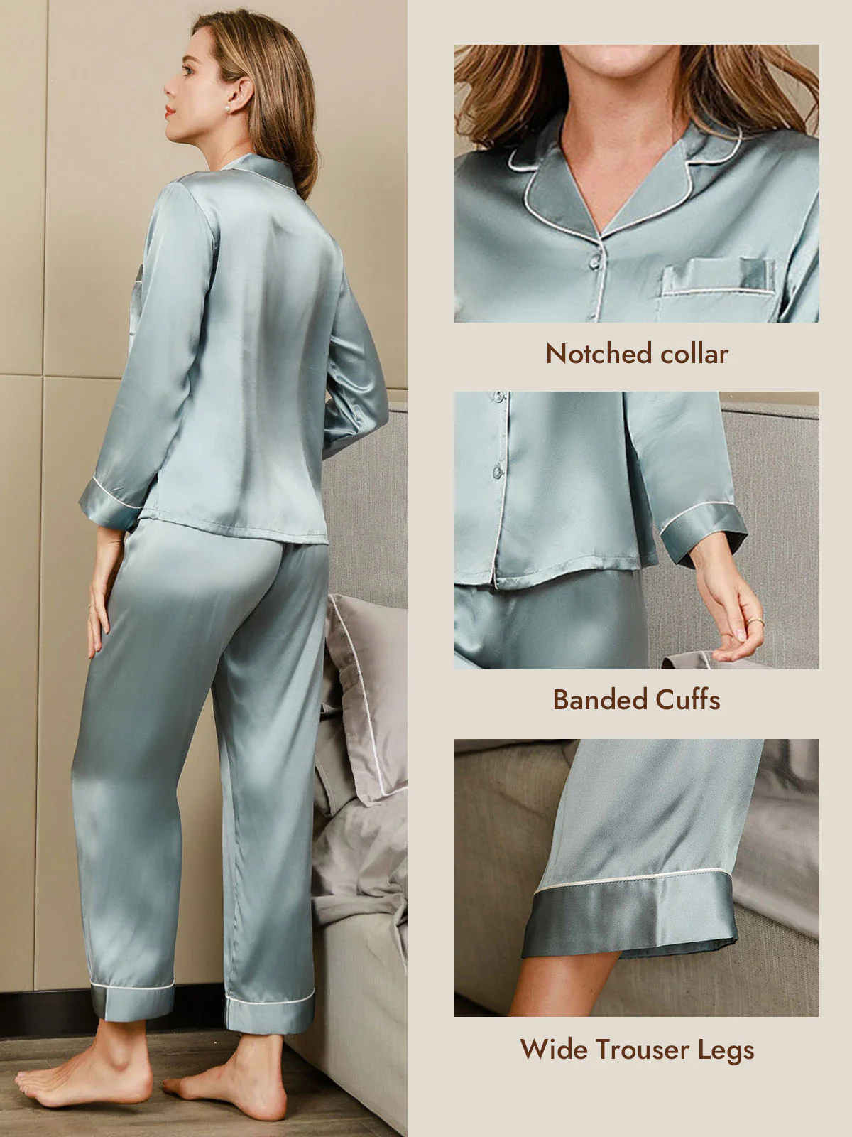 Women's Pure Silk Long Sleeve Button Up Pajamas Set - Image 68