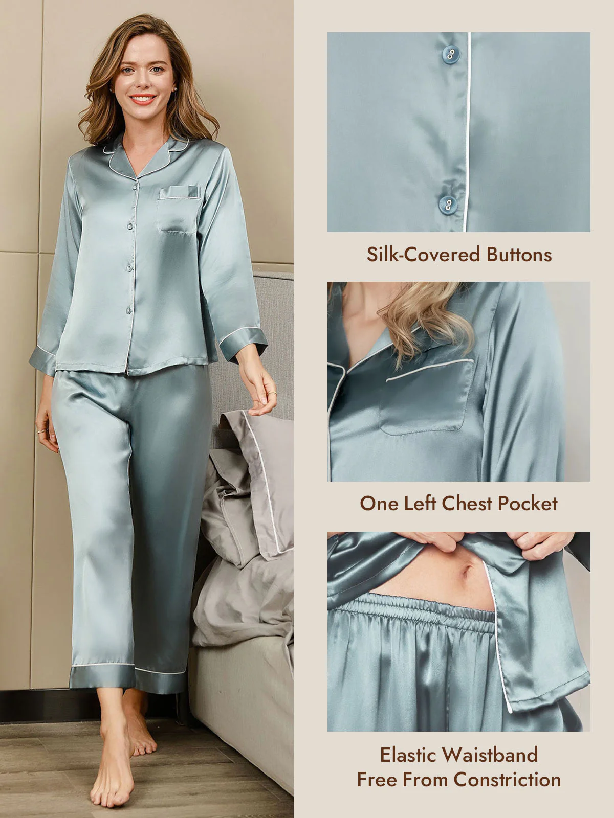Women's Pure Silk Long Sleeve Button Up Pajamas Set - Image 69