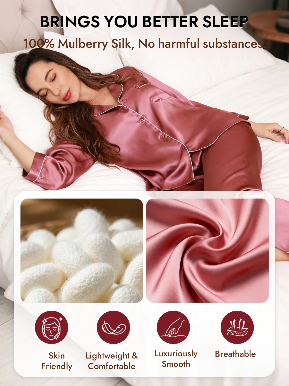 Women's Pure Silk Long Sleeve Button Up Pajamas Set - Image 74
