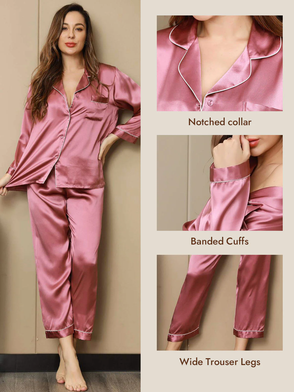 Women's Pure Silk Long Sleeve Button Up Pajamas Set - Image 75