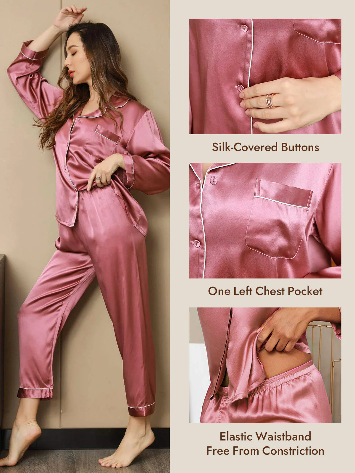 Women's Pure Silk Long Sleeve Button Up Pajamas Set - Image 76
