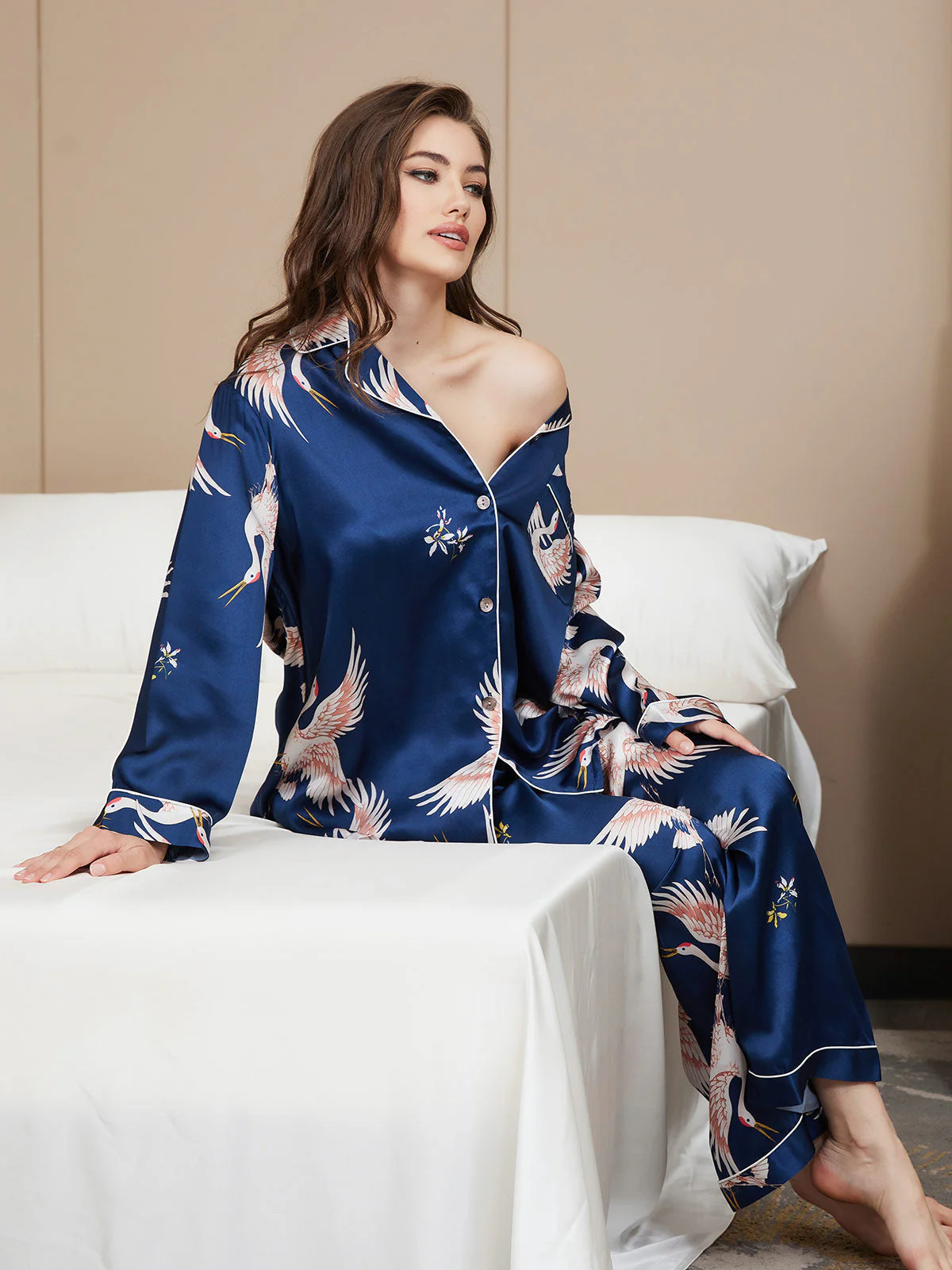 19Momme Women's Pure Silk Crane Print Long Sleeve Notch Collar Pajamas Set - Image 19