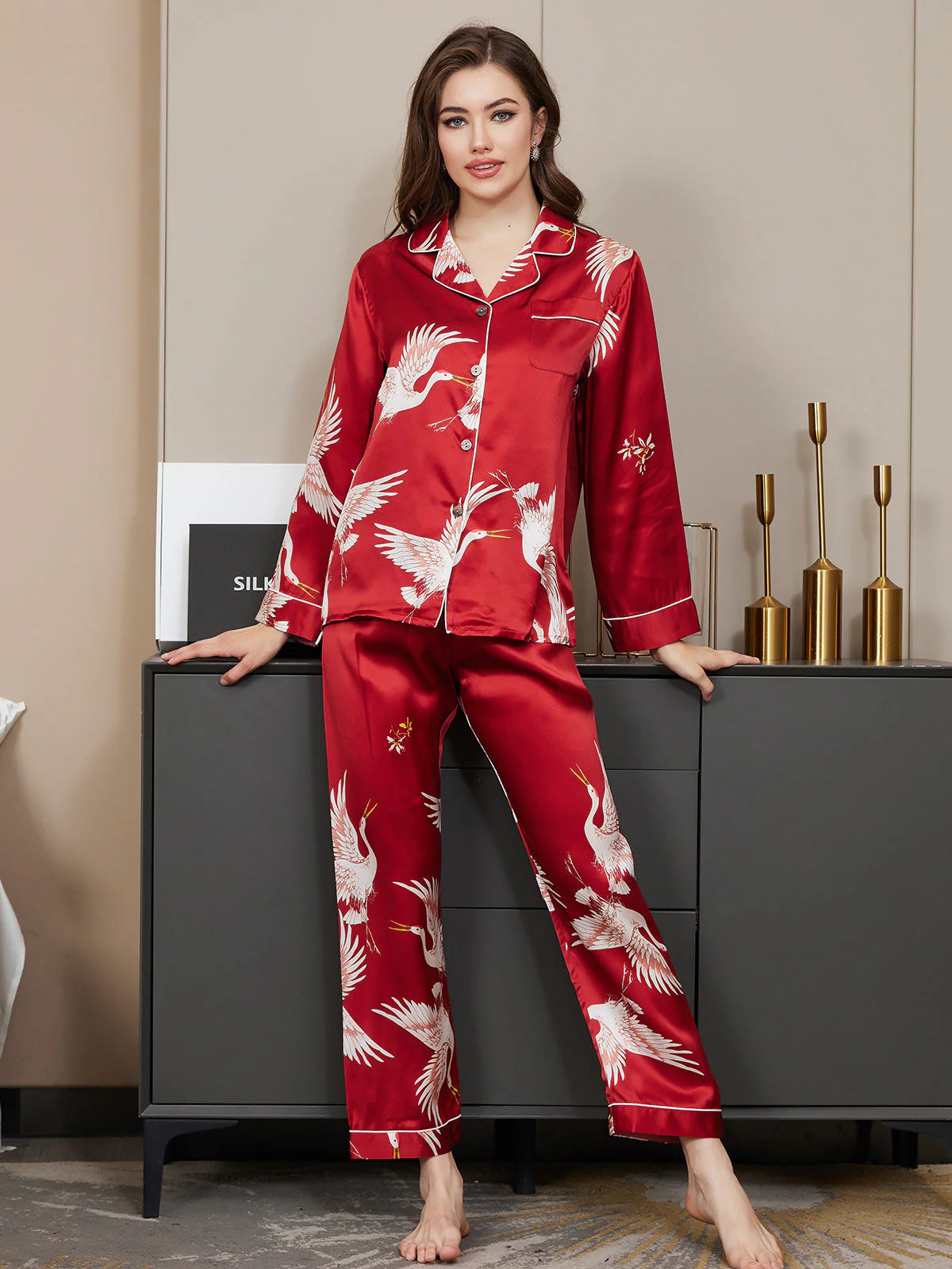 19Momme Women's Pure Silk Crane Print Long Sleeve Notch Collar Pajamas Set - Image 3