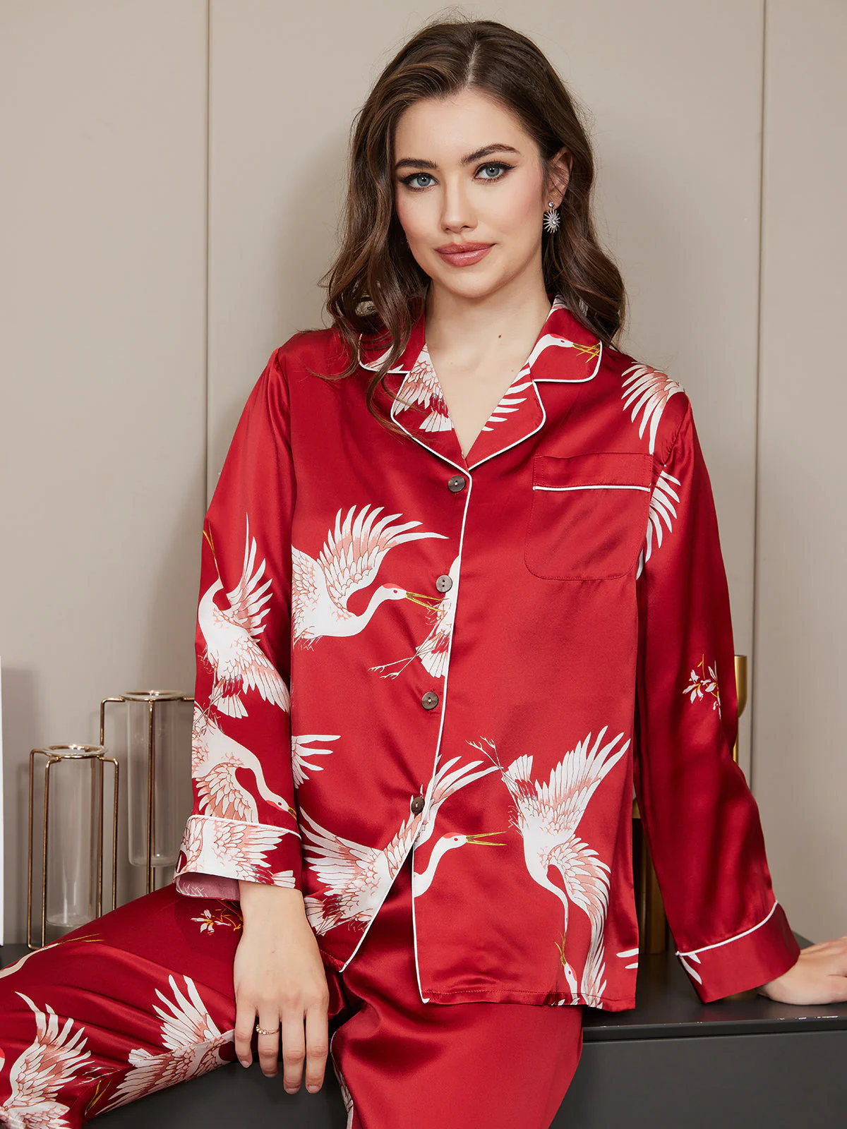19Momme Women's Pure Silk Crane Print Long Sleeve Notch Collar Pajamas Set - Image 5