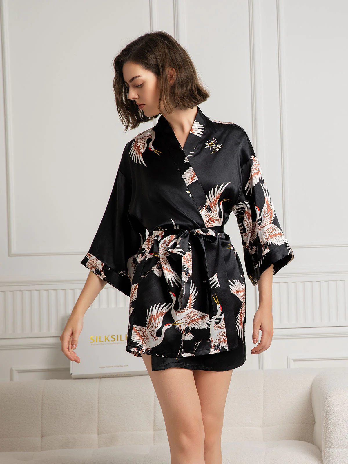 19Momme Women's Pure Silk Crane Print 3/4 Sleeve Short Kimono Robe - Image 19
