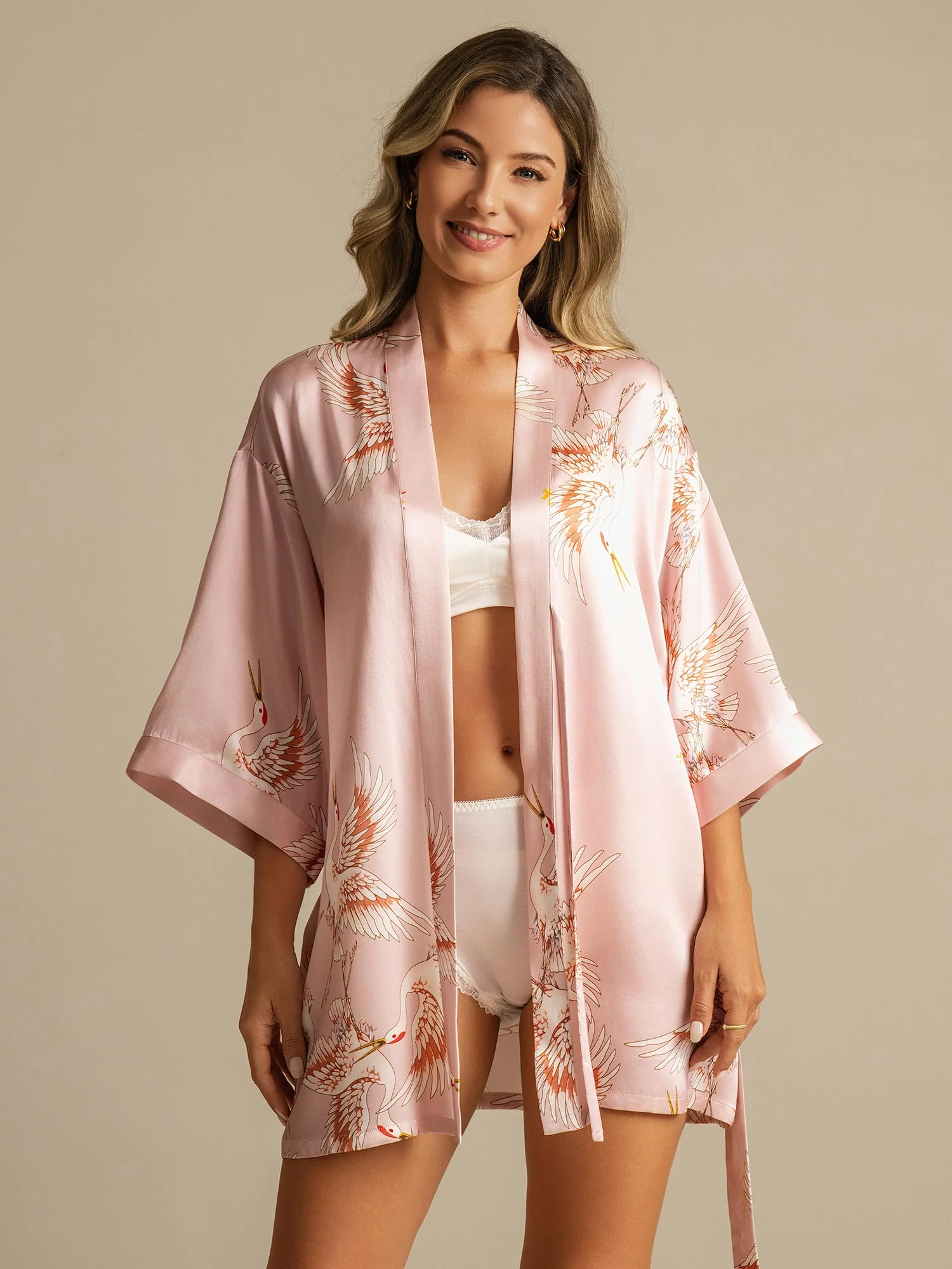 19Momme Women's Pure Silk Crane Print 3/4 Sleeve Short Kimono Robe - Image 5