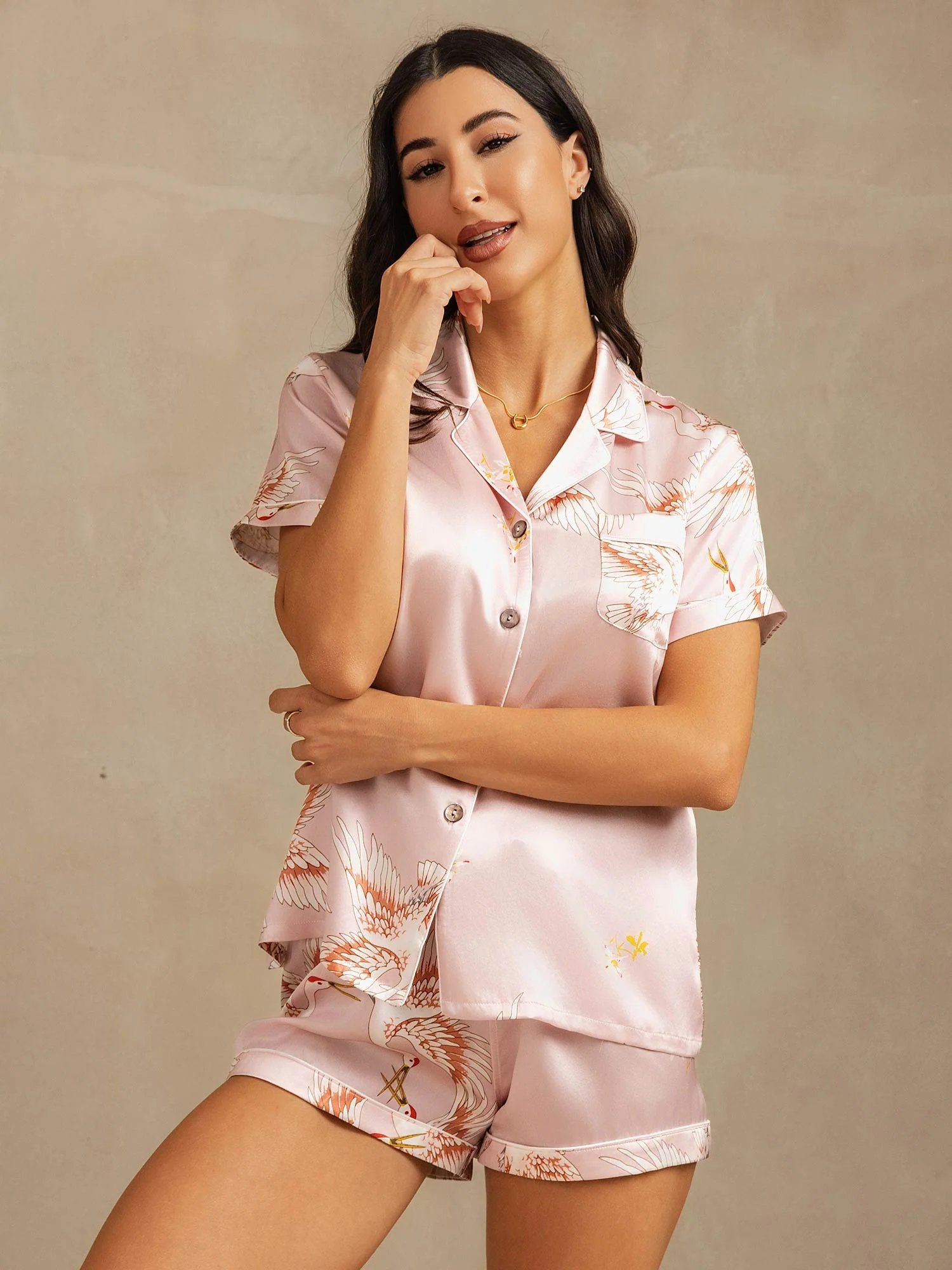 19Momme Women's Pure Silk Crane Print Short Sleeve Pajamas Set - Image 11