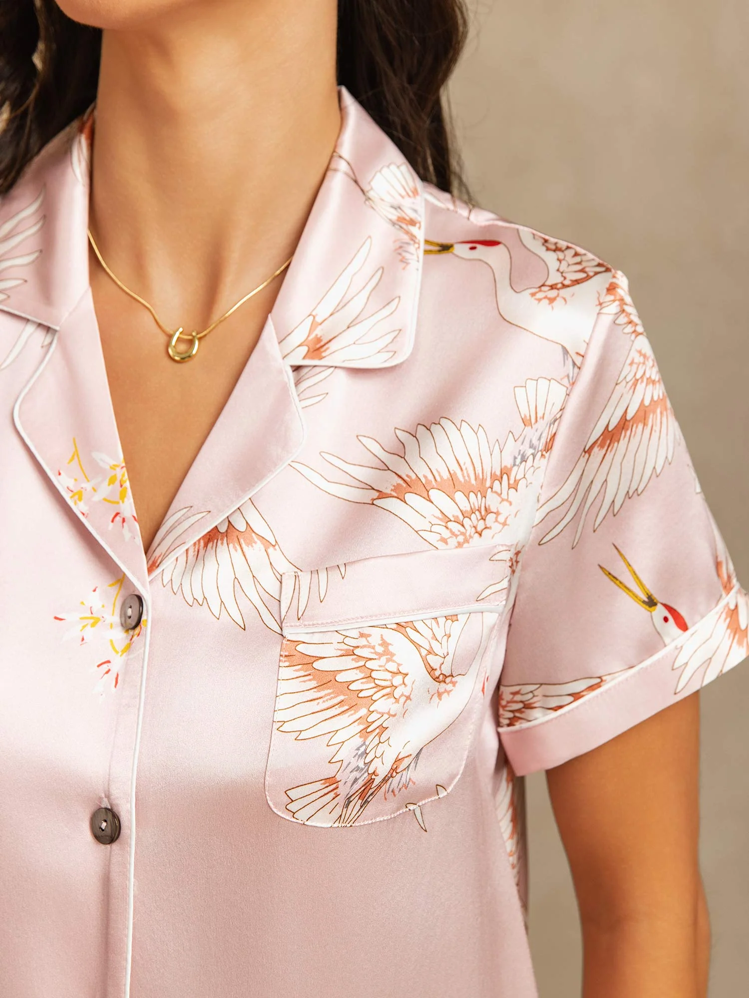 19Momme Women's Pure Silk Crane Print Short Sleeve Pajamas Set - Image 12
