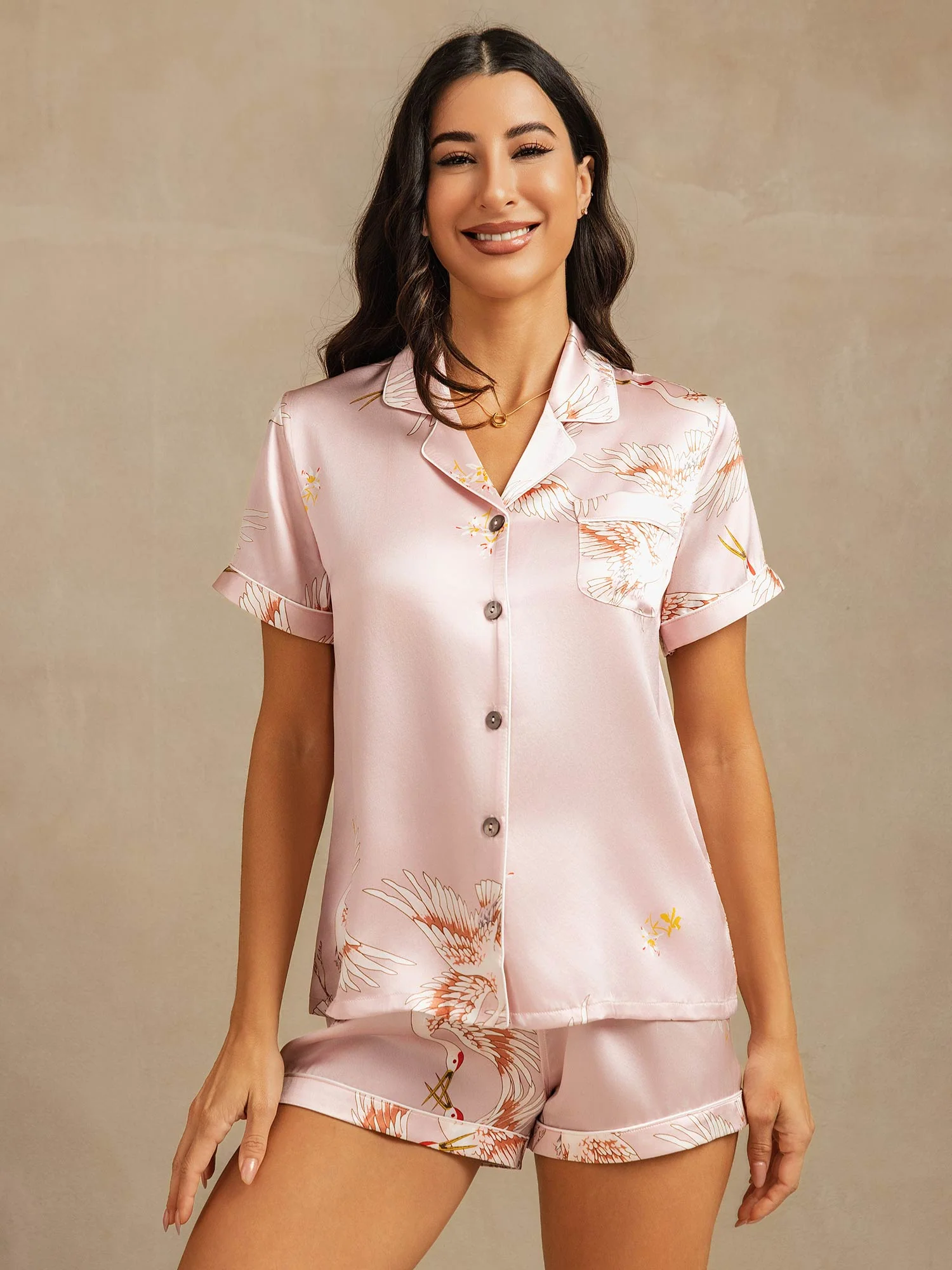 19Momme Women's Pure Silk Crane Print Short Sleeve Pajamas Set - Image 9