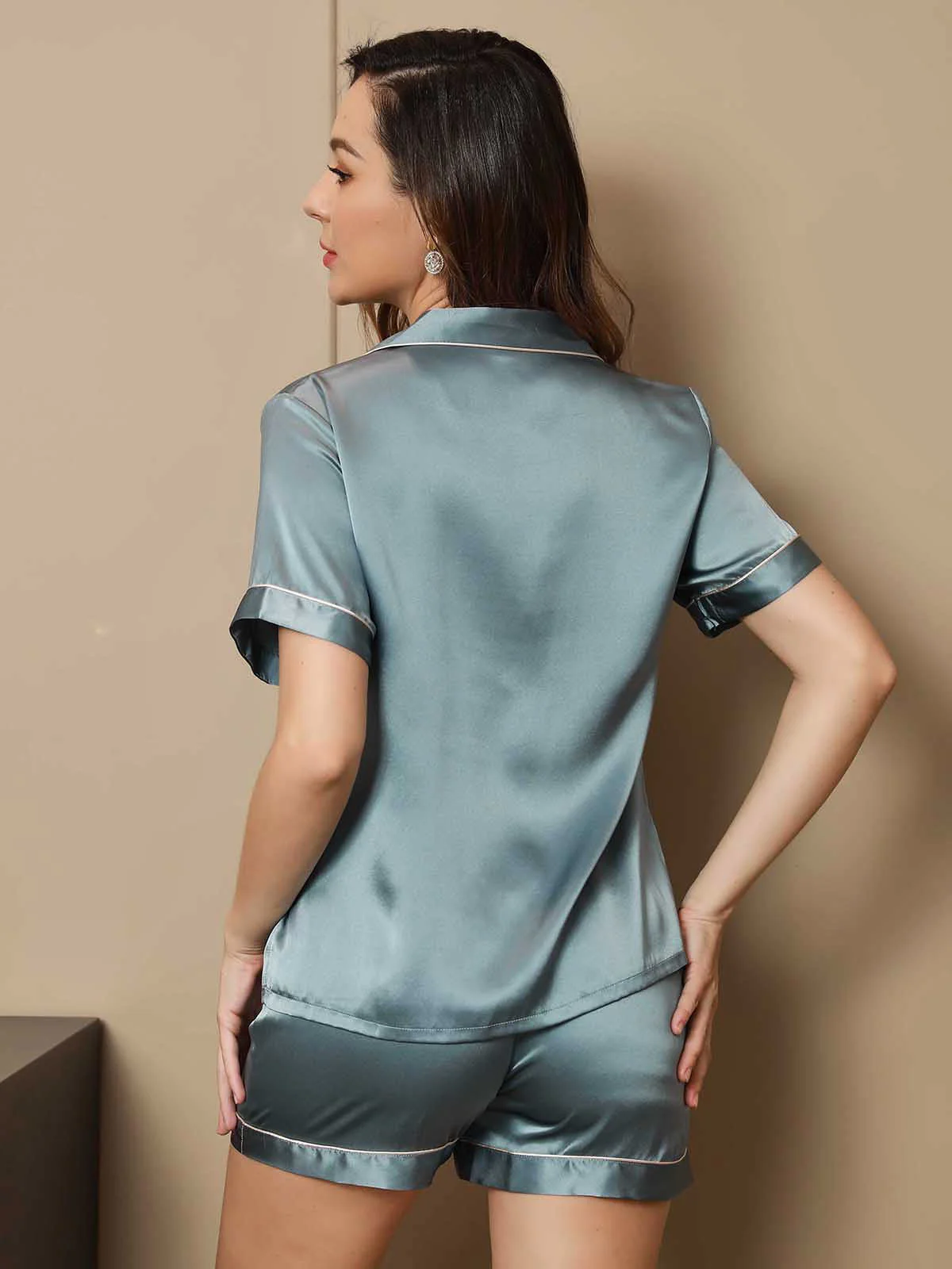 Pure Silk Short Sleeve Notch Collar Above the Knee Women's Pajamas Set - Image 27