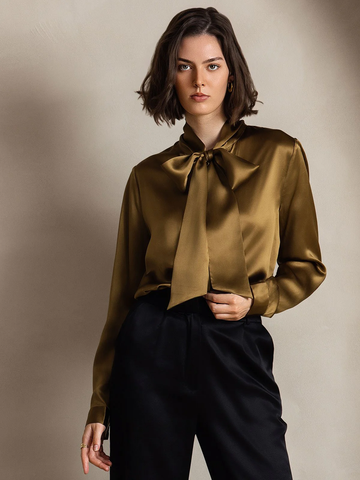 19Momme Silk Long Sleeve Tie Neck Blouse - Image 12
