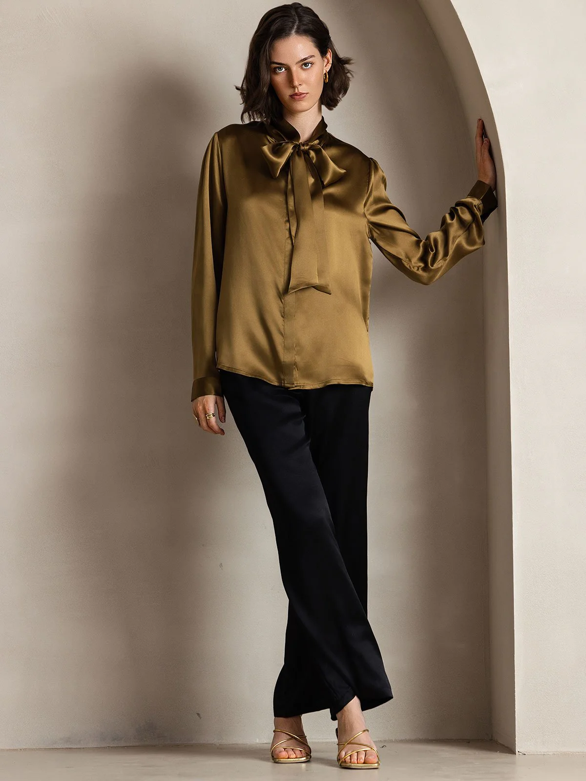 19Momme Silk Long Sleeve Tie Neck Blouse - Image 14