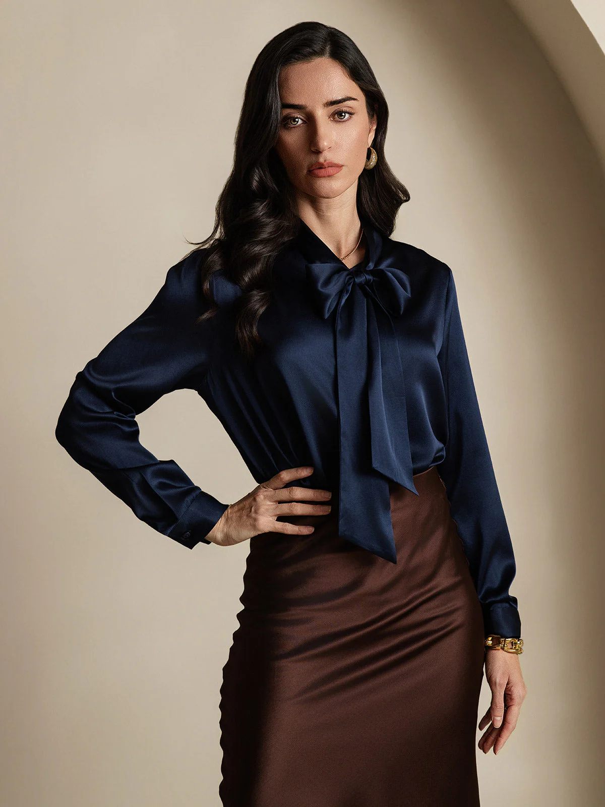 19Momme Silk Long Sleeve Tie Neck Blouse - Image 20