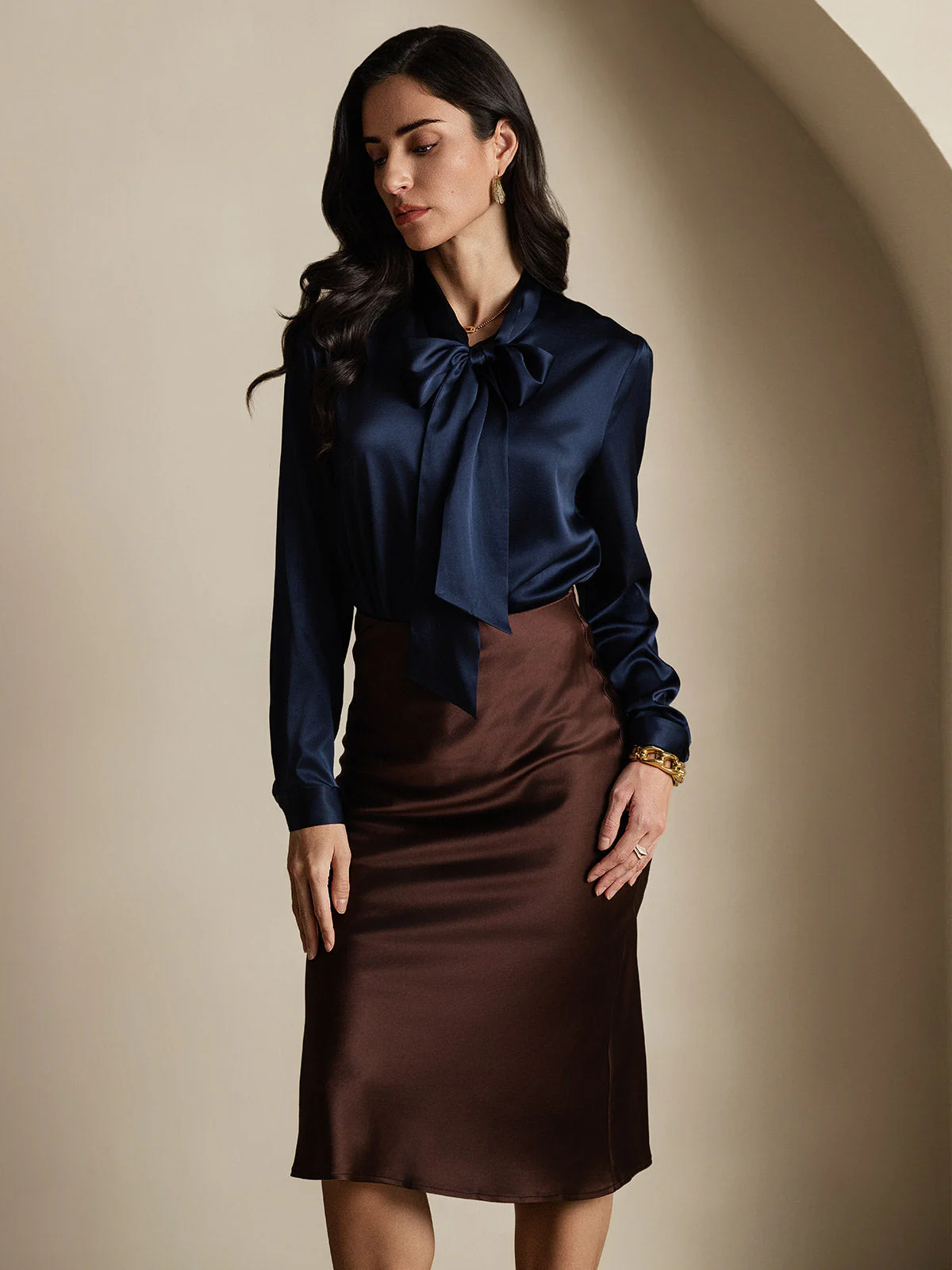 19Momme Silk Long Sleeve Tie Neck Blouse - Image 21