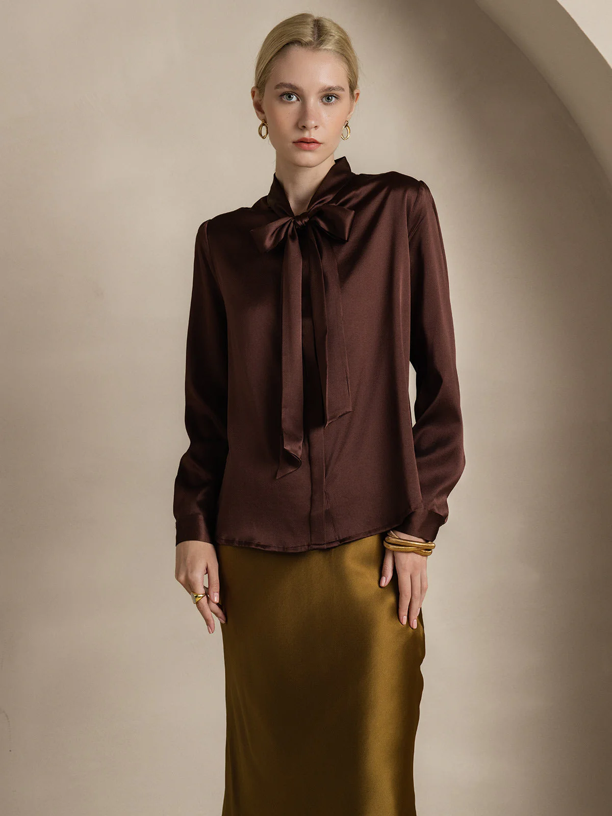 19Momme Silk Long Sleeve Tie Neck Blouse - Image 28