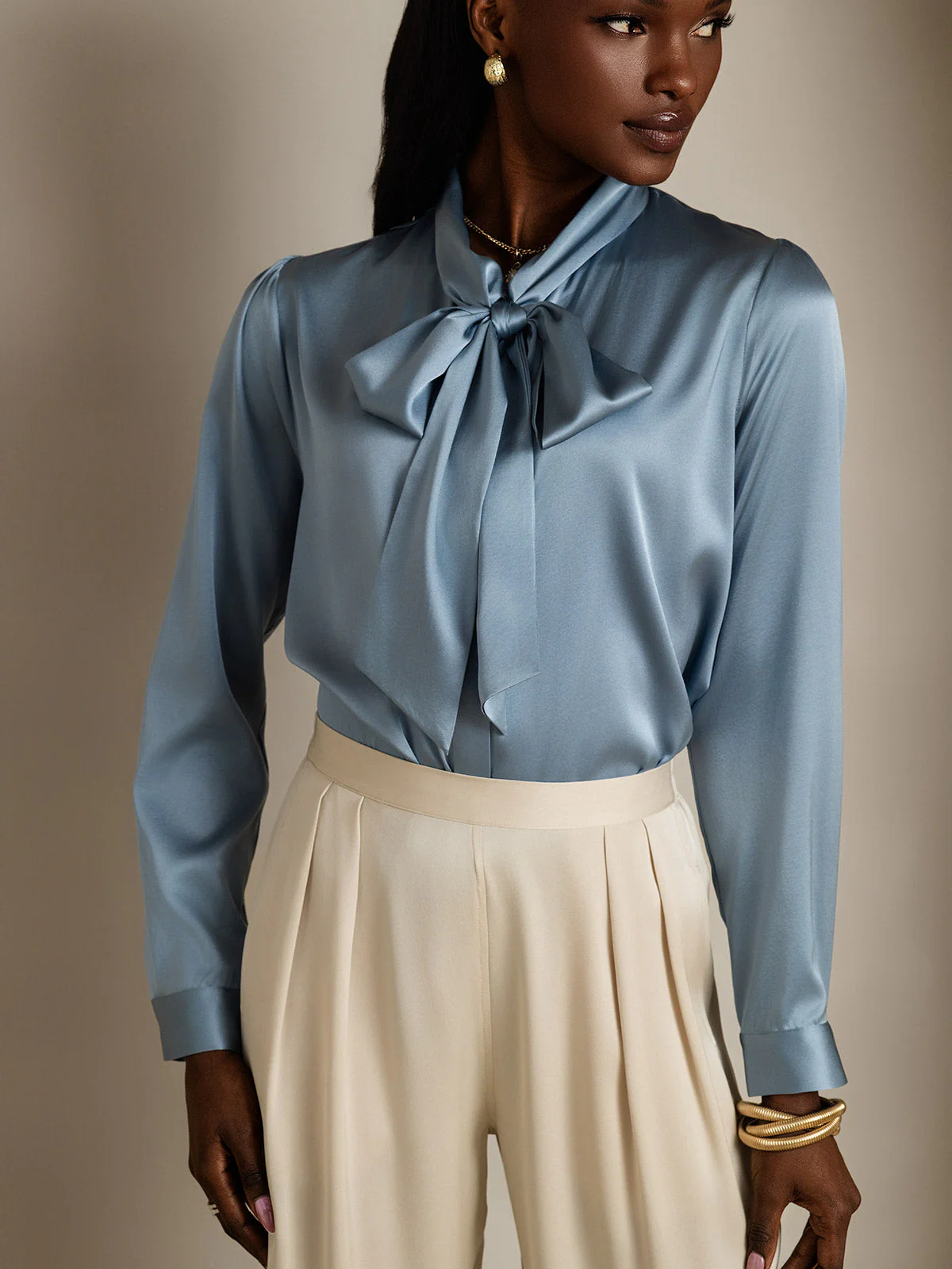 19Momme Silk Long Sleeve Tie Neck Blouse - Image 3
