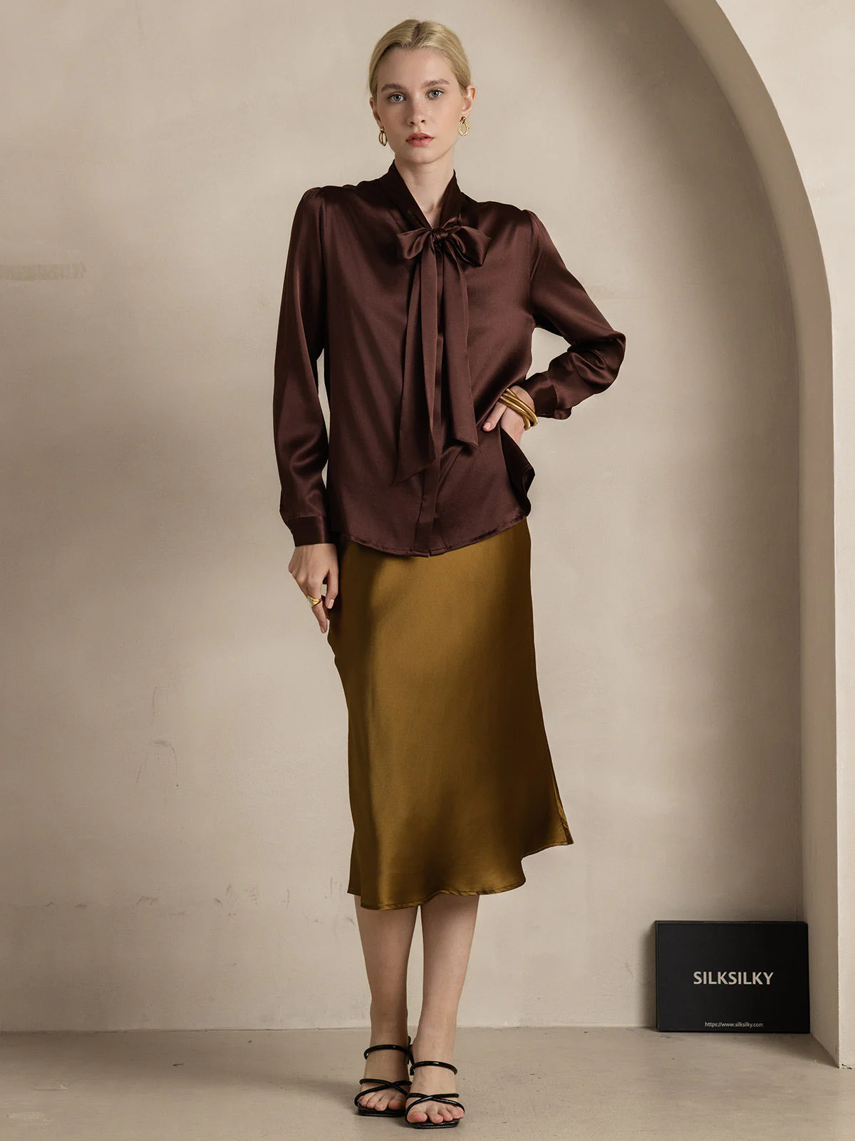 19Momme Silk Long Sleeve Tie Neck Blouse - Image 30