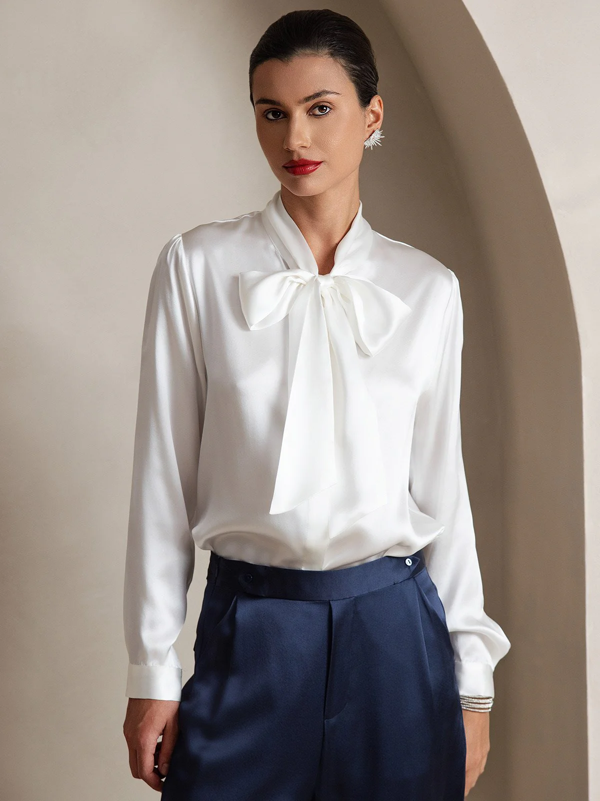 19Momme Silk Long Sleeve Tie Neck Blouse - Image 33