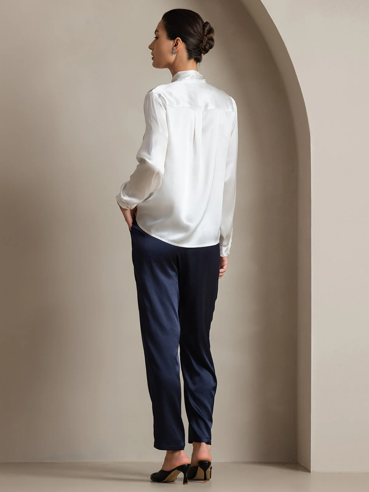 19Momme Silk Long Sleeve Tie Neck Blouse - Image 34