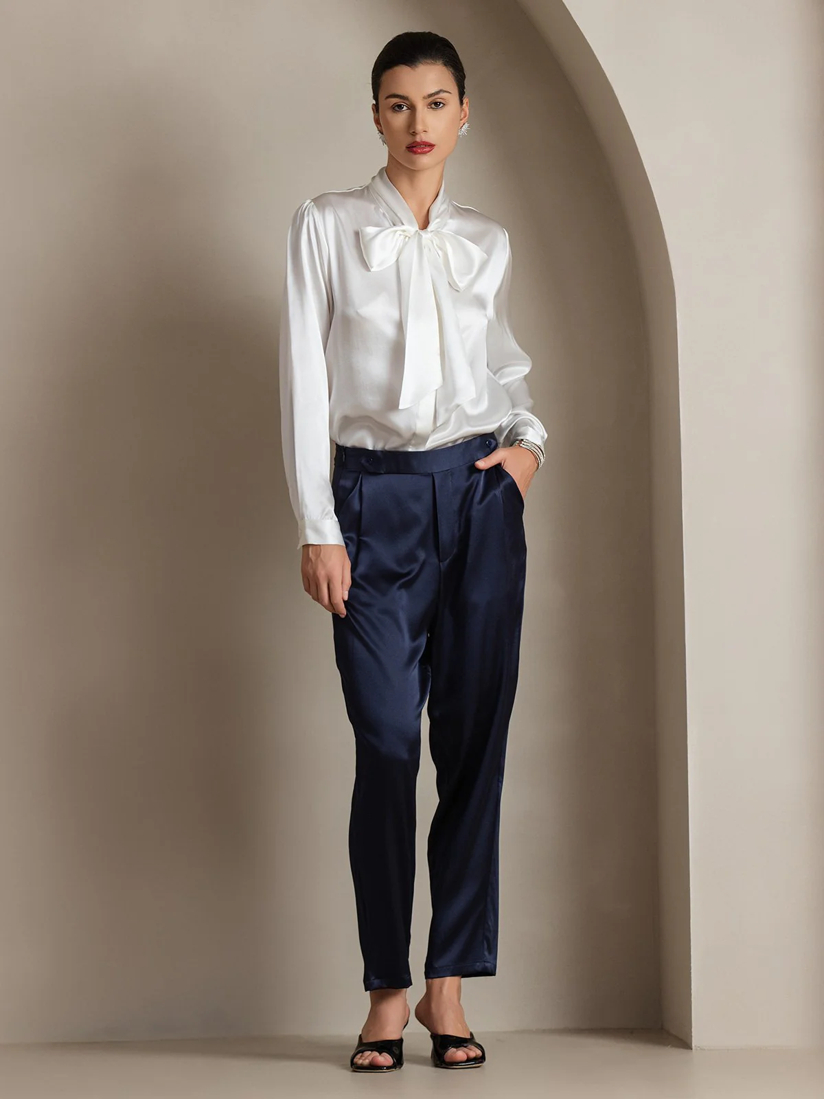 19Momme Silk Long Sleeve Tie Neck Blouse - Image 37