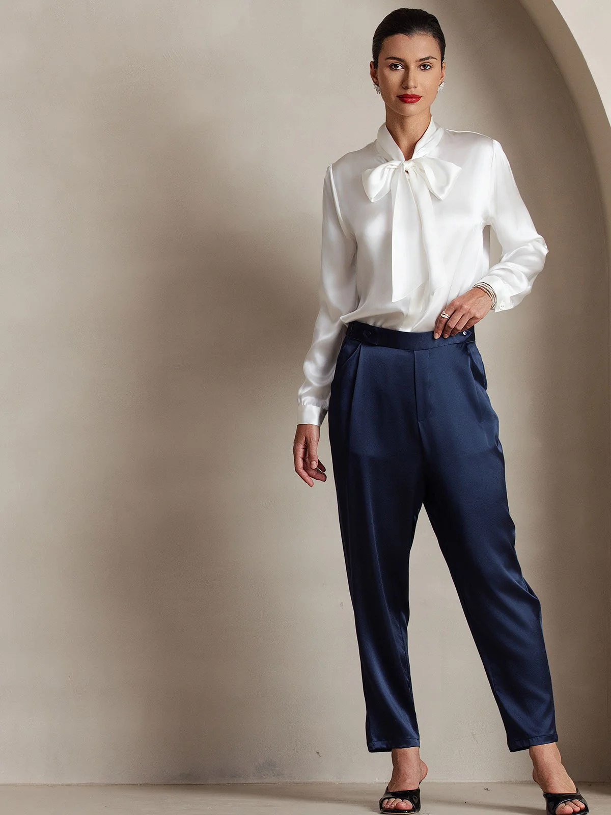 19Momme Silk Long Sleeve Tie Neck Blouse - Image 40