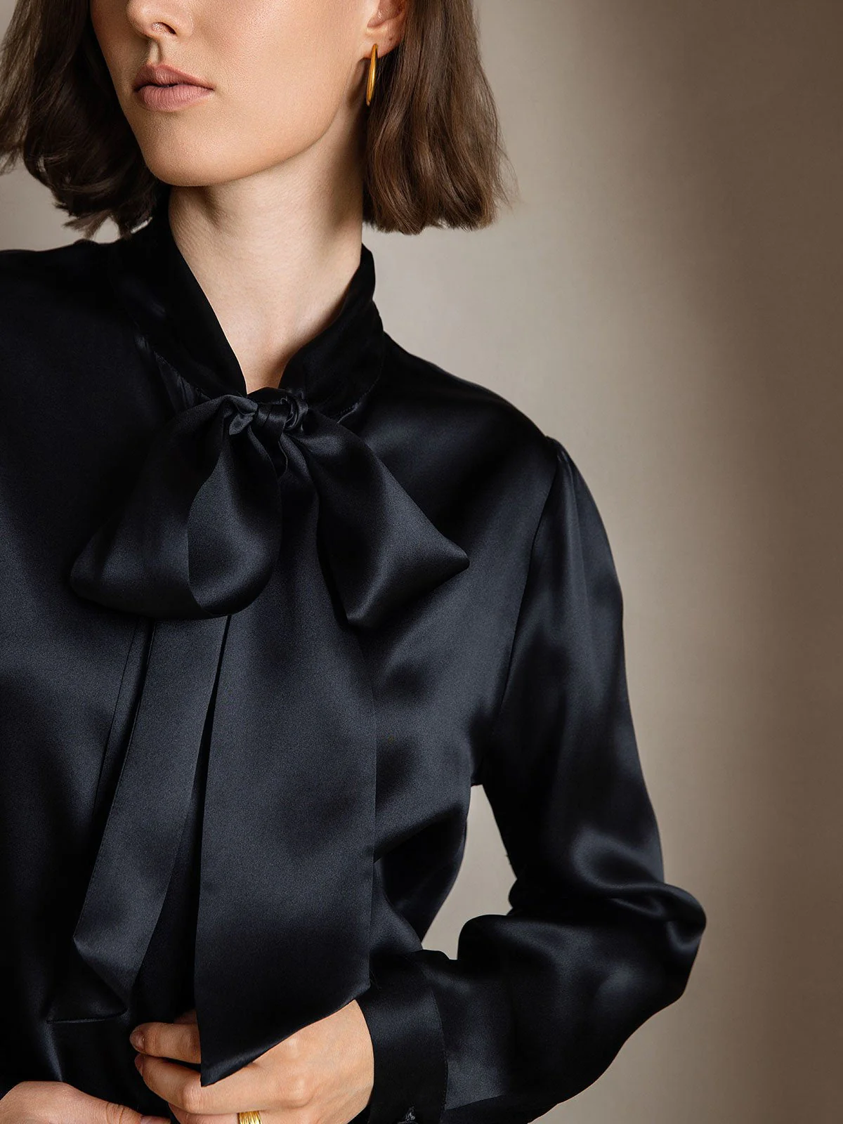 19Momme Silk Long Sleeve Tie Neck Blouse - Image 42